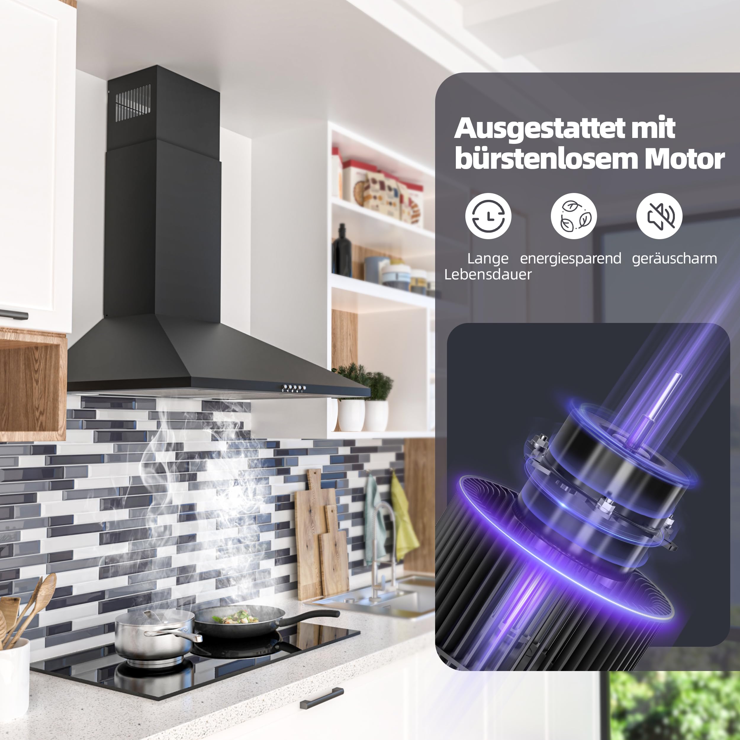 FIREGAS Dunstabzugshaube 60 cm mit bürstenlosem DC-Motor, Umluft/Abluft, 3 Gebläsestufen, LED, Schwarz