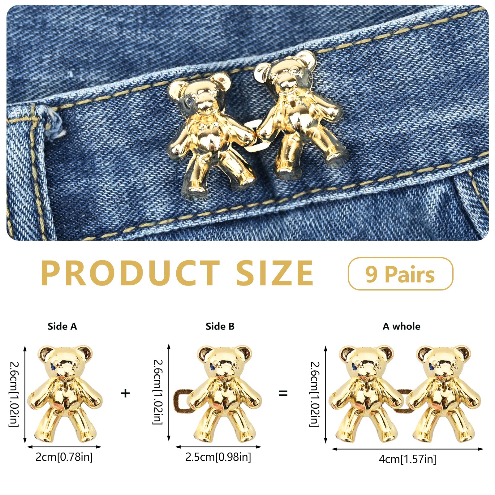 Bekecidi 4 paar jeansknoppen, sterbroek, tailleversteviging, strik, verstelbare heupgesp strakknoppen, geen naai, afneembare broek, tailleverstelclips voor losse jeansbroeken (zilver, goud