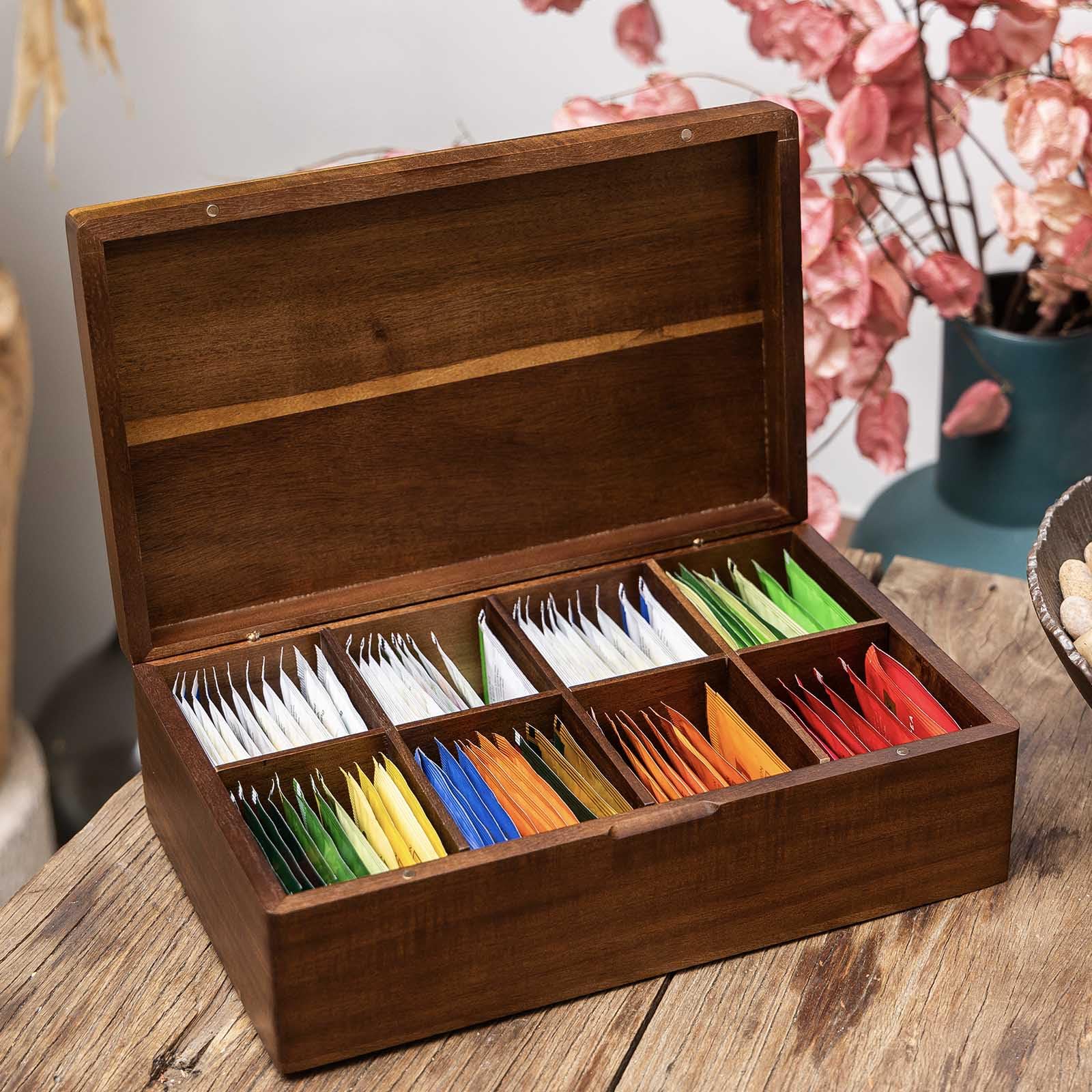 Organizadores de bolsas de té de madera de acacia, cajas de almacenamiento de paquetes de té, organizador de té para bolsas de té, contenedores de soporte para bolsitas de té, exhibición de estación