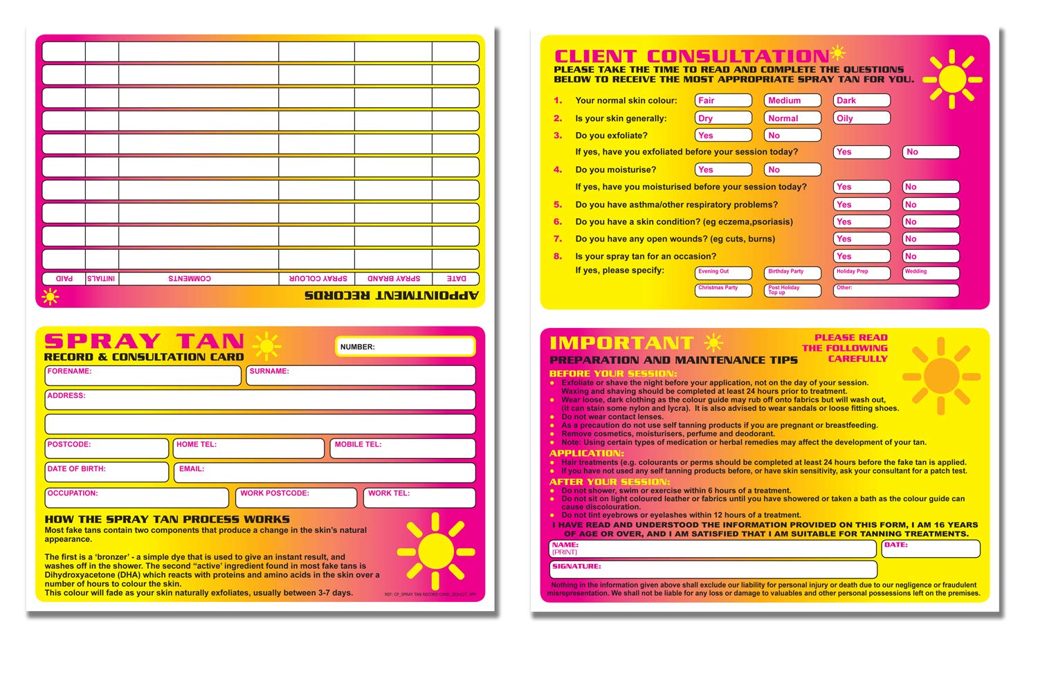 Cherry Printers Spray Tan Consultation Record Card 203 x 127mm 4pp x20 350gsm