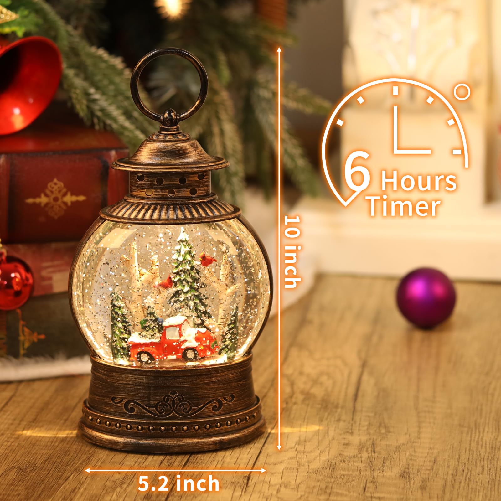 Boule à neige musicale de camion rouge, décorations de Noël musicales, minuterie 6H, fonctionnement USB/piles, camion rouge, décoration d'intérieur