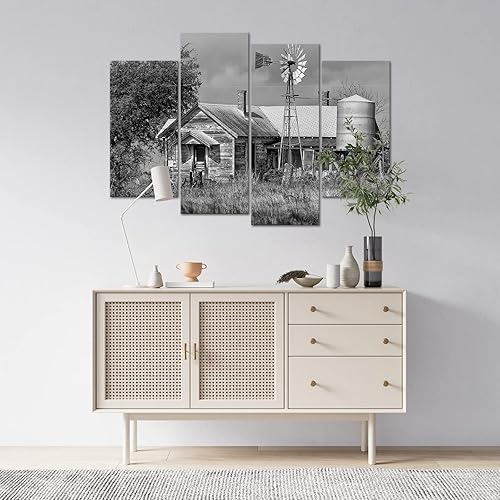 Miniatura 4 de Nachic Wall Lienzo de 4 piezas en blanco y negro de Texas, pintura de granja, campo, granero, molino de viento, paisaje, póster para el hogar, sala