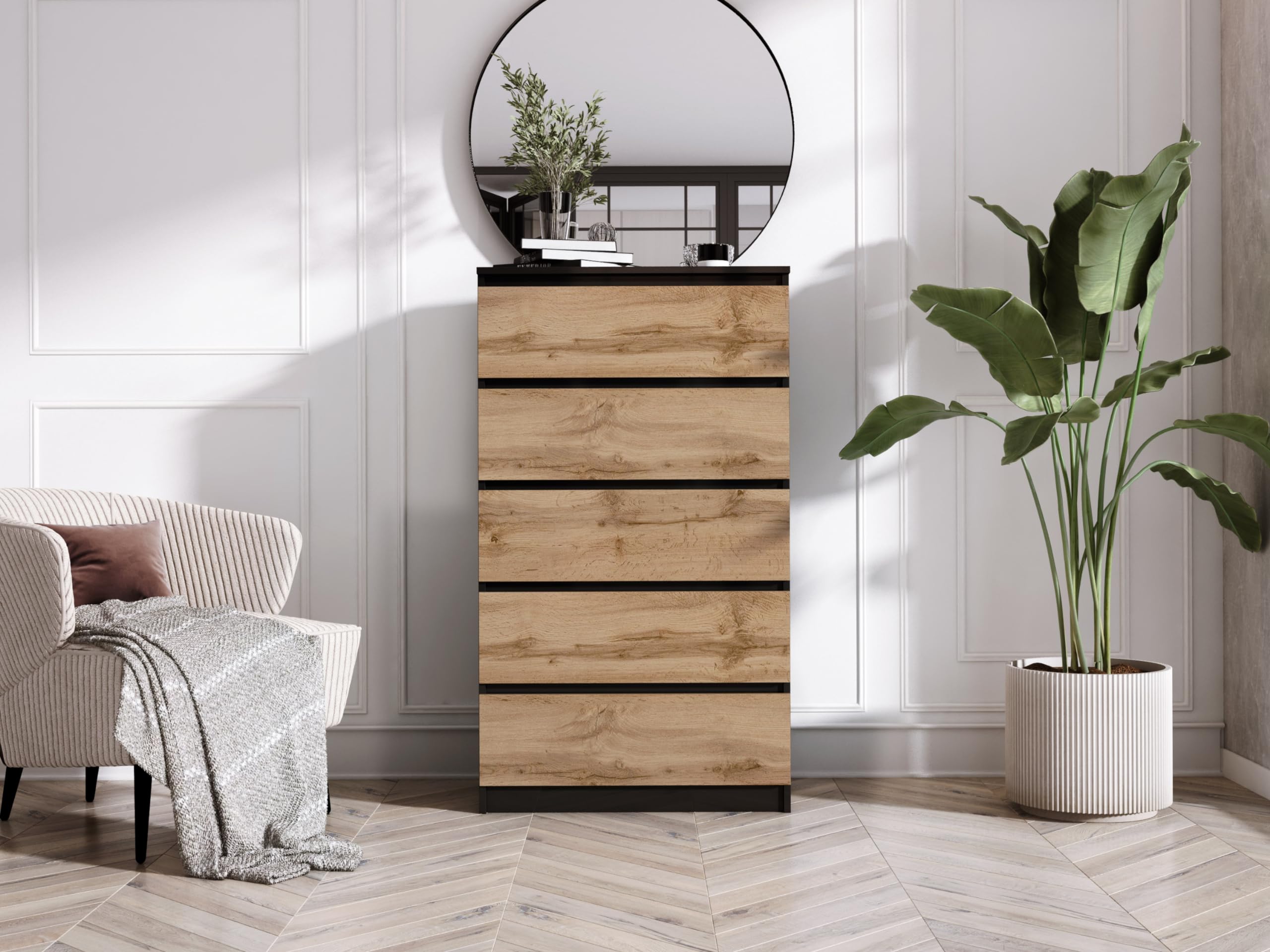 3E 3xE living.com Cassettiera, credenza con 5 cassetti, Nero/Quercia wotan, D: 70 x 124 x 39 cm