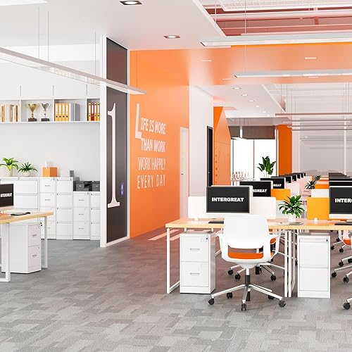 Miniatura 2 de INTERGREAT Archivador alto de 4 cajones, archivador de metal blanco con cerradura, archivadores estrechos con 4 marcos ajustables para colgar para