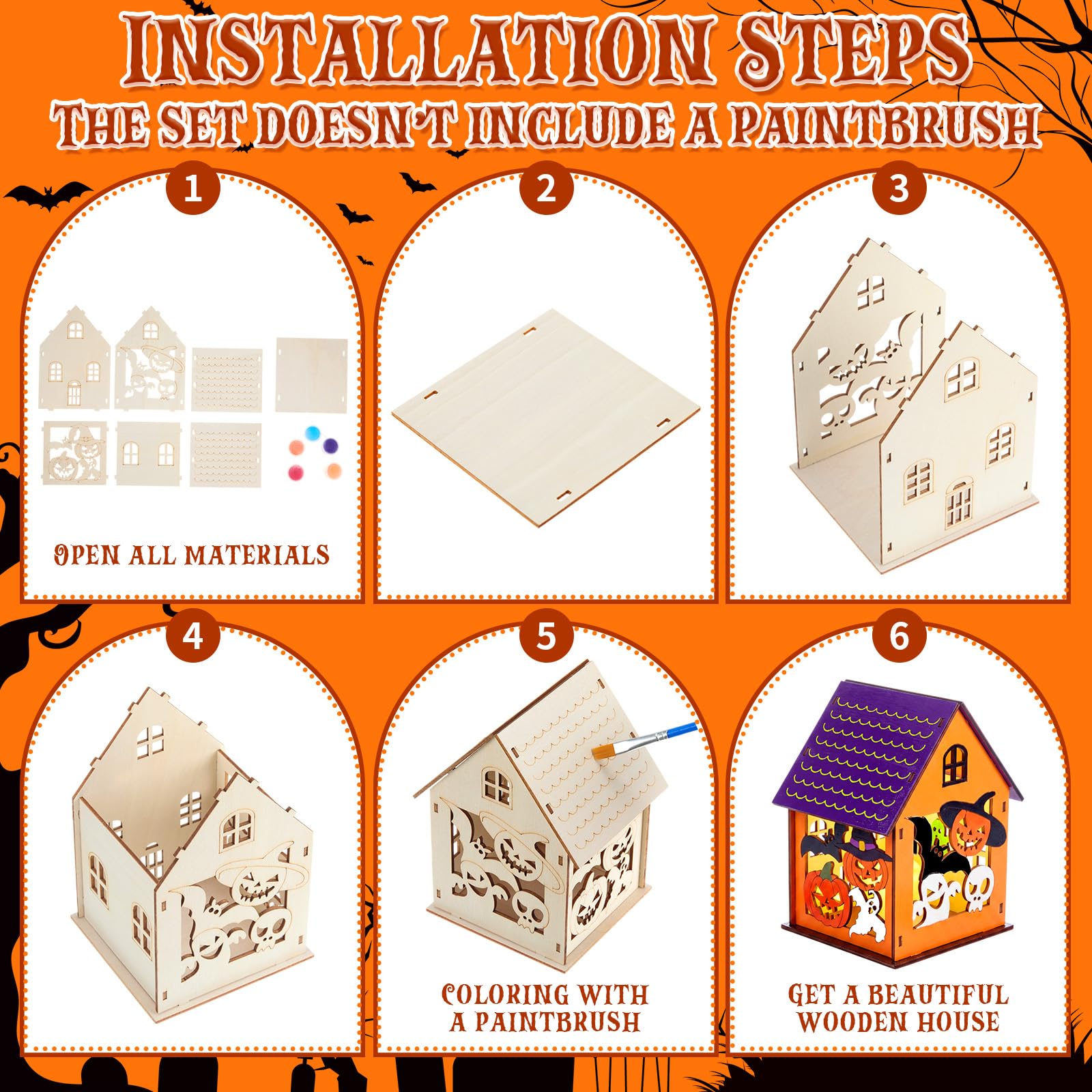 Jenaai Lot de 24 maisons d'Halloween en bois à faire soi-même - Maison hantée en vrac - Ensemble de village 3D en bois - Citrouille fantôme - Artisanat à peindre pour enfants - Cadeau de salle de