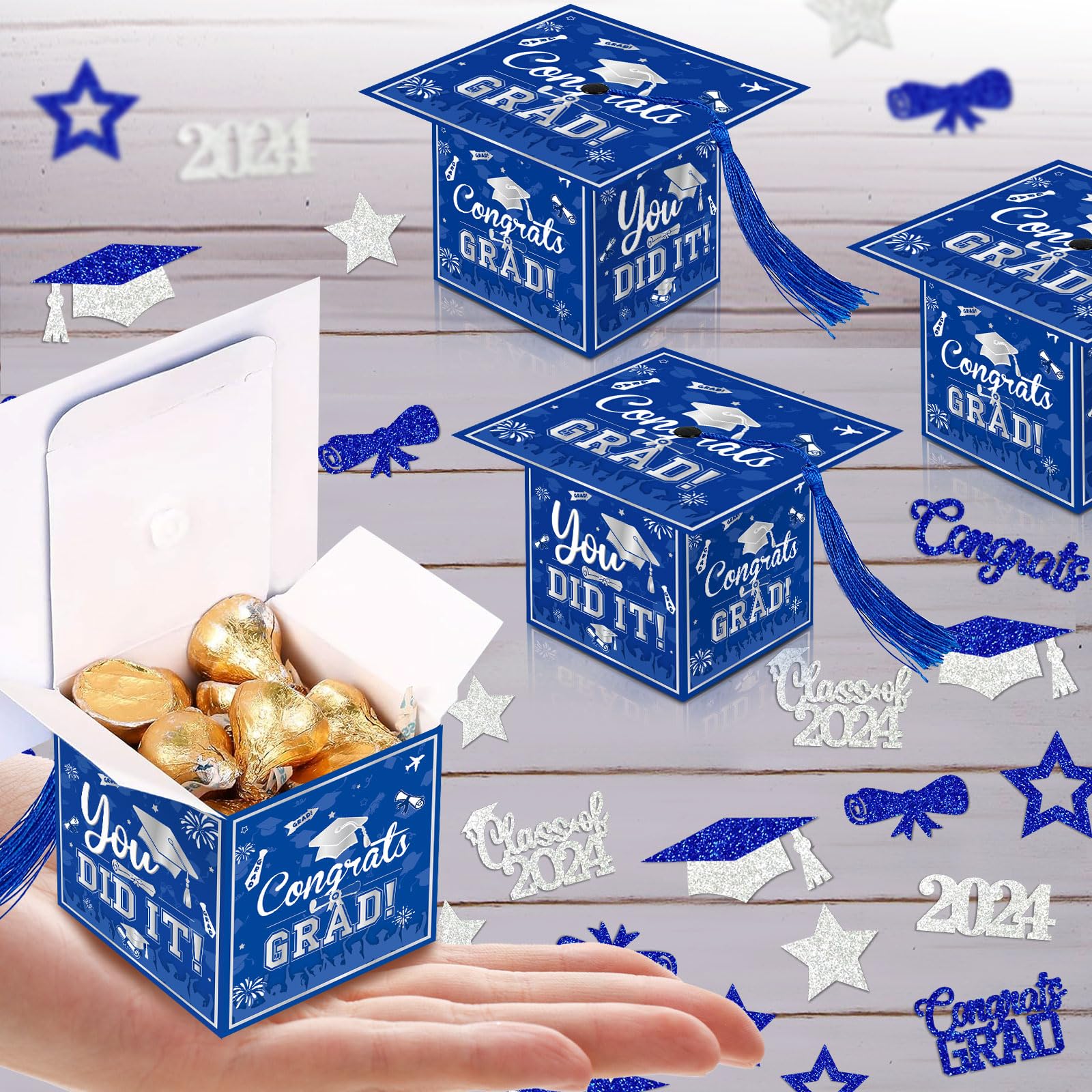 24 Stück Hellblaue Geschenkboxen Für Abschlussfeiern – Süßigkeitenbox Mit Congrats-Grad-Aufdruck
