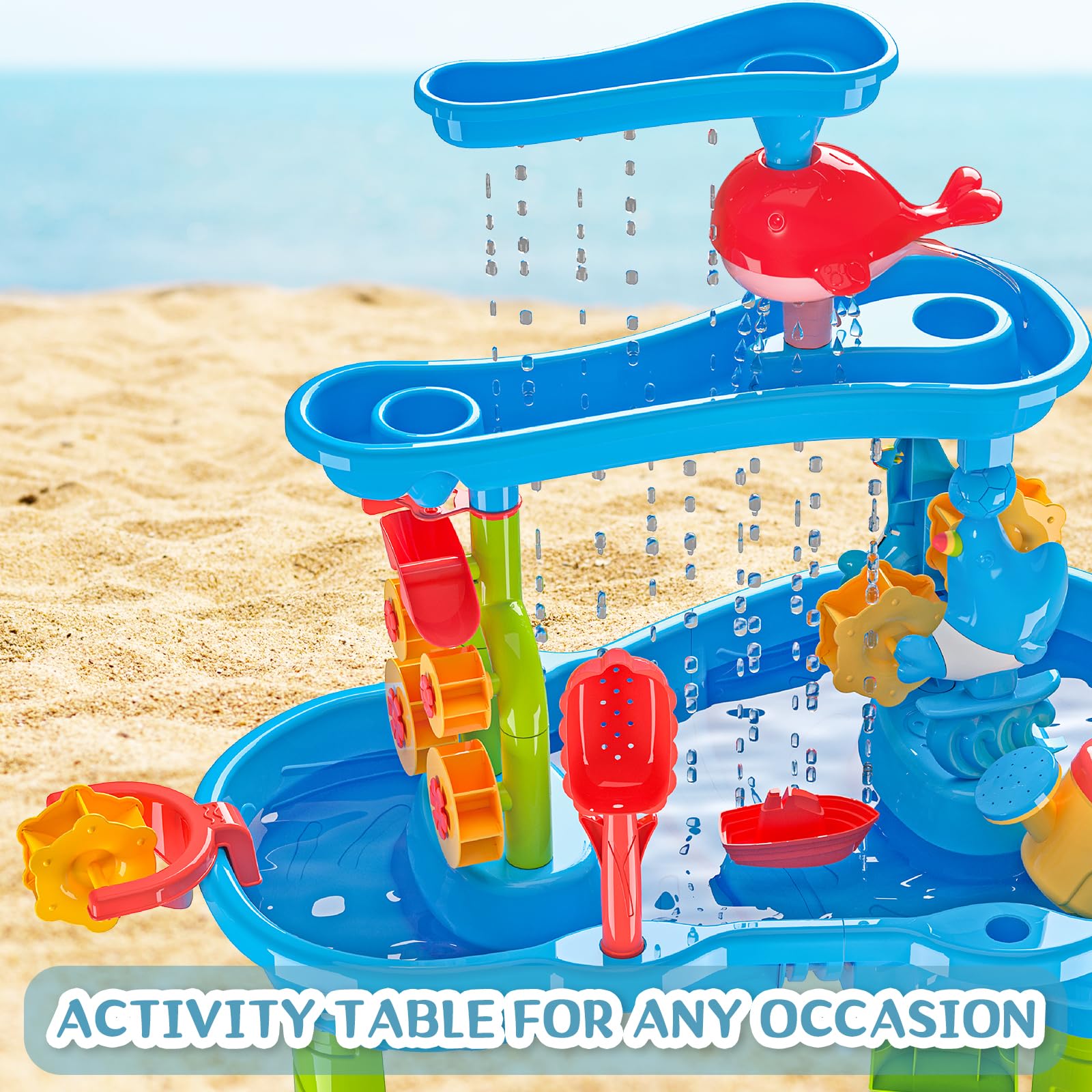 deAO Tavolo Acqua e Sabbia per Bambini 3+ Anni – Tavolo Sensoriale con Cascata e Ruota ad Acqua, 13 Accessori Giochi da Spiaggia, Tavolo attività Acqua Giardino Giocattolo Esterno