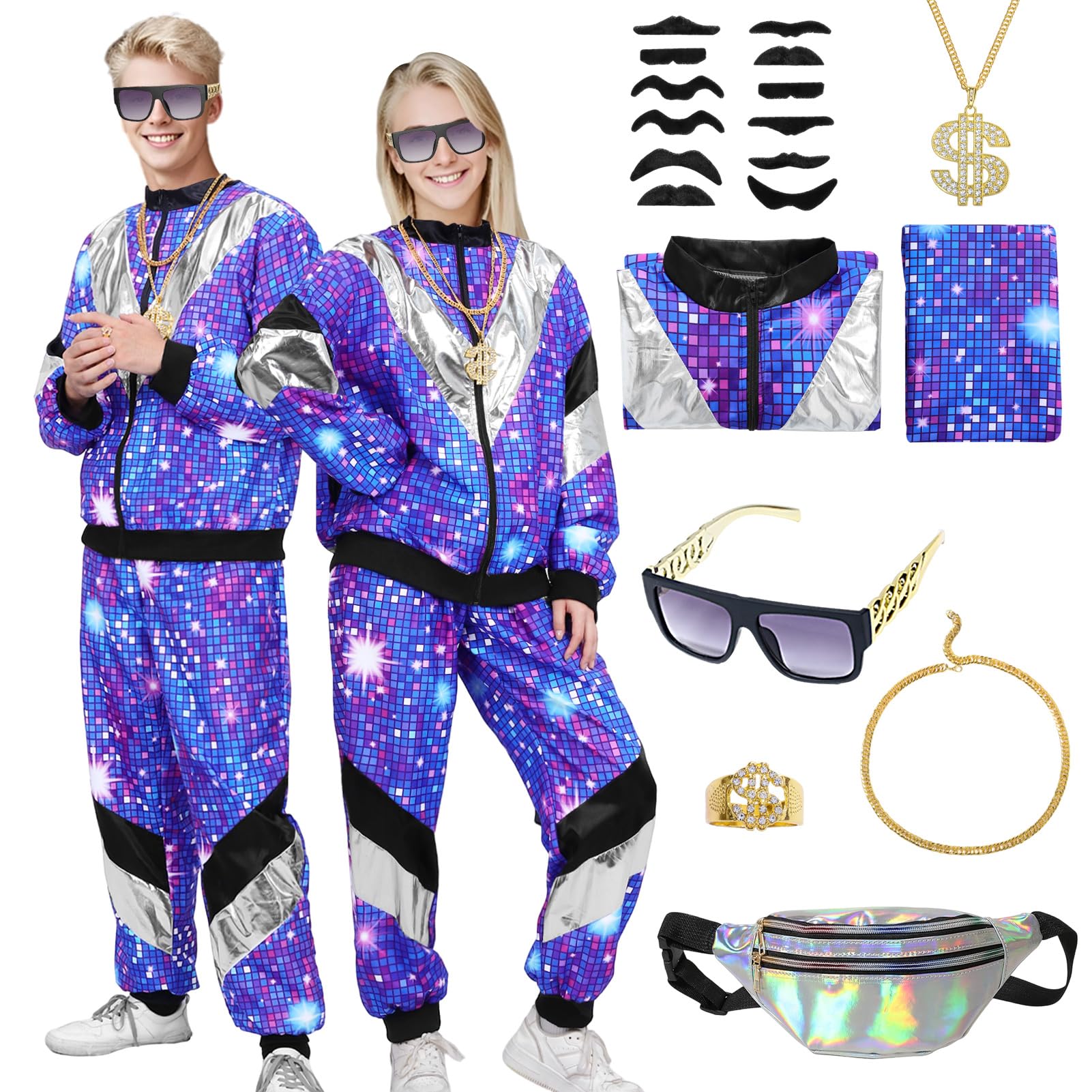 80s 90s Shell Suit Costume for Men Women with Vintage Twinkle Tracksuit,Glasses, Silver Waist Bag,12 Pcs Fake Moustache and Other Exquisite Accessories for 80s Party Halloween Carnival (2XL)