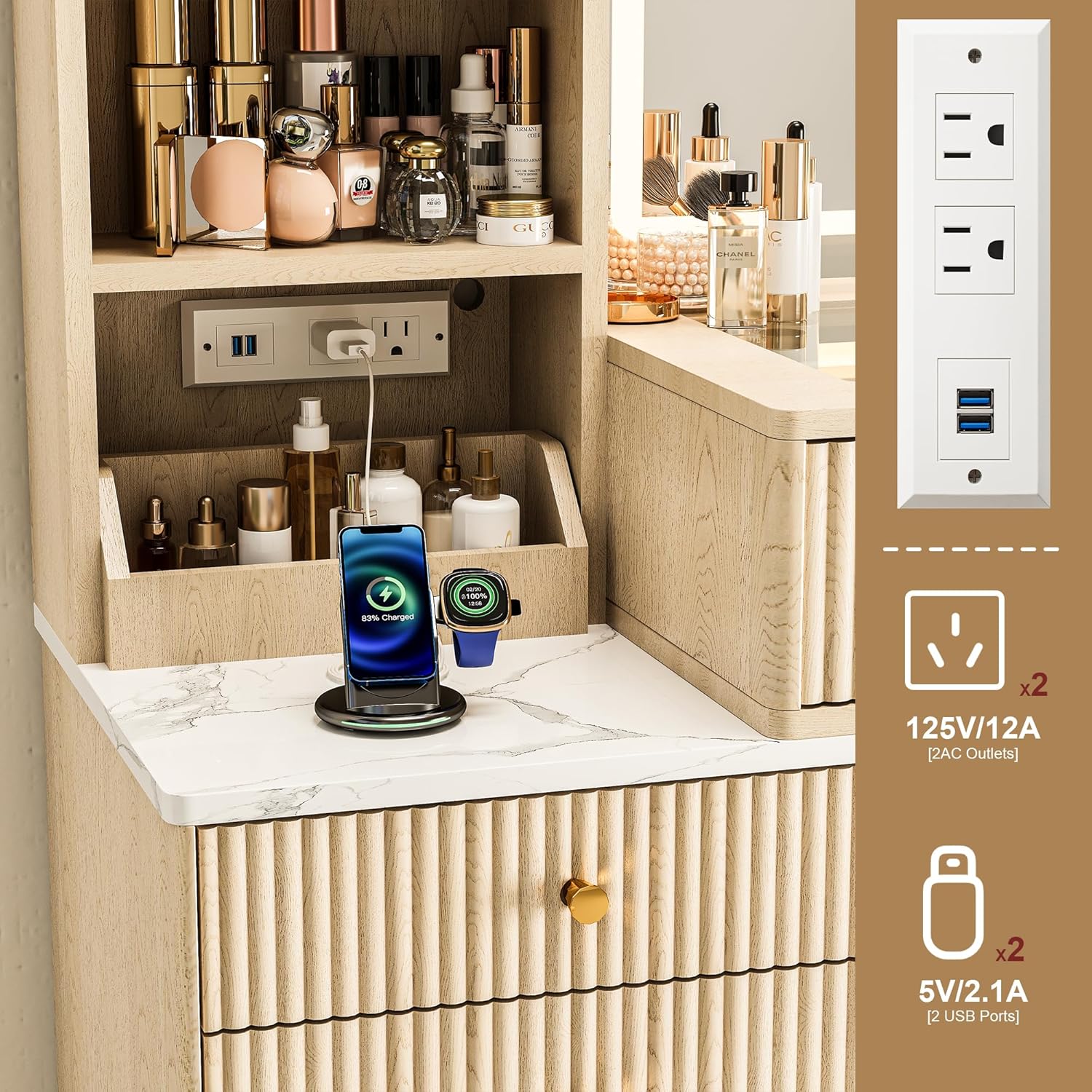 44” Fluted Vanity Desk with 32” Lighted Mirror & Power Outlet, Makeup Vanity with Glass Top, 3 Adjustable Light Colors, Curved Design, 5 Drawers, Modern Dressing Table Set for Bedroom (Oak)