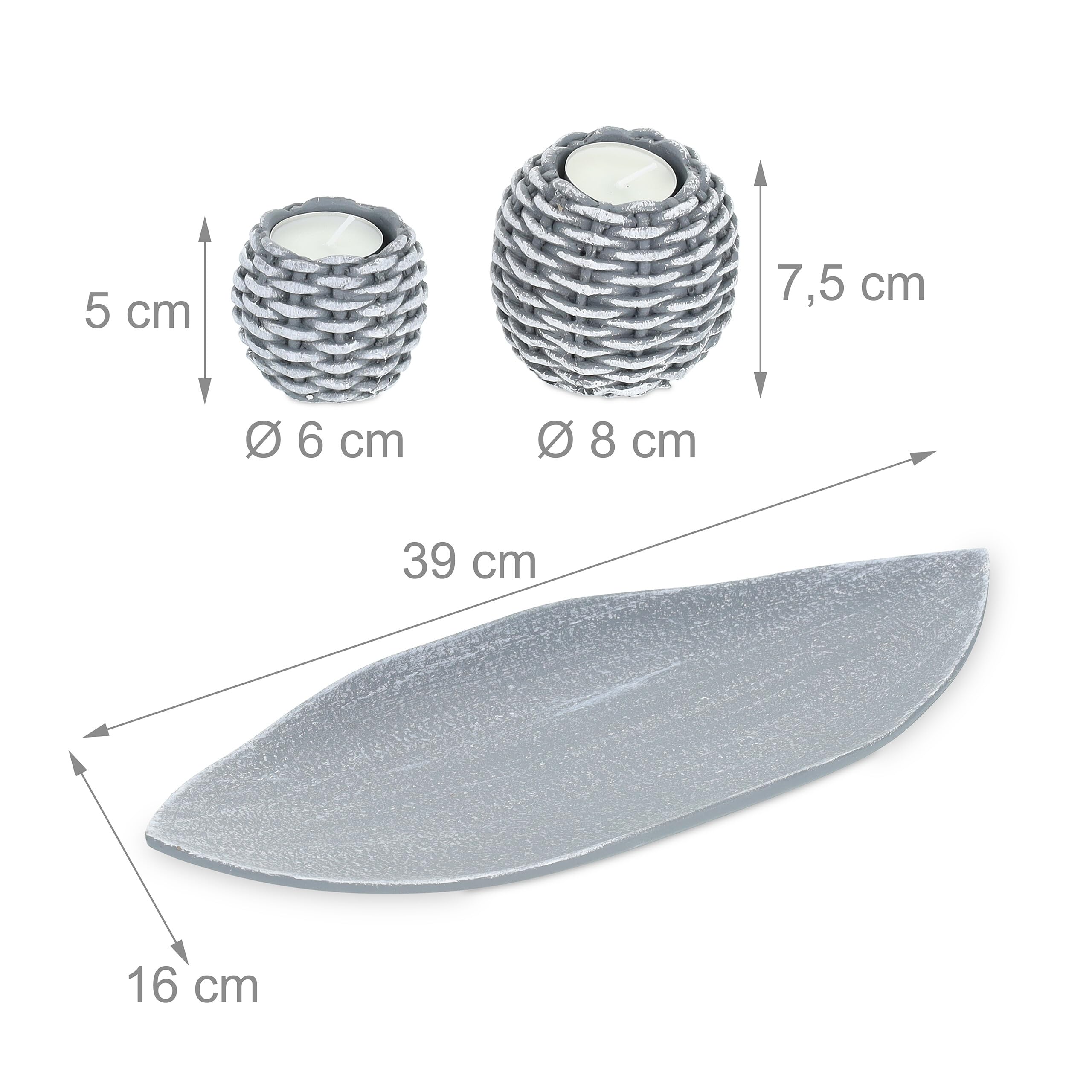 Relaxdays Portacandele Decorativo con Vassoio, 3 Porta-Tea Light e Sabbia, per Il Tavolino e Il Salotto, Grigio Bianco