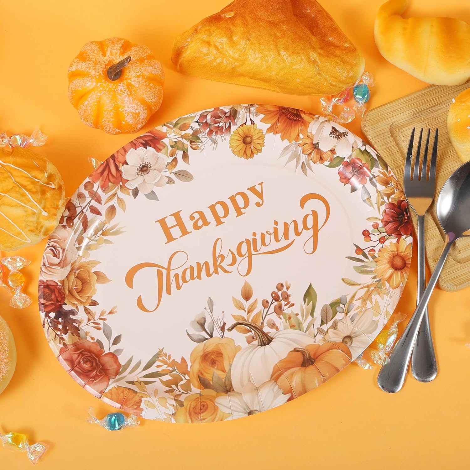 CIEOVO 50Pcs Happy Thanksgiving Oval Paper Plates, Fall Disposable Dinner Platters Heavy Duty Dinnerware Serving Dish Platters for Autumn Fall Harvest Give Thanks Party Tableware Supplies