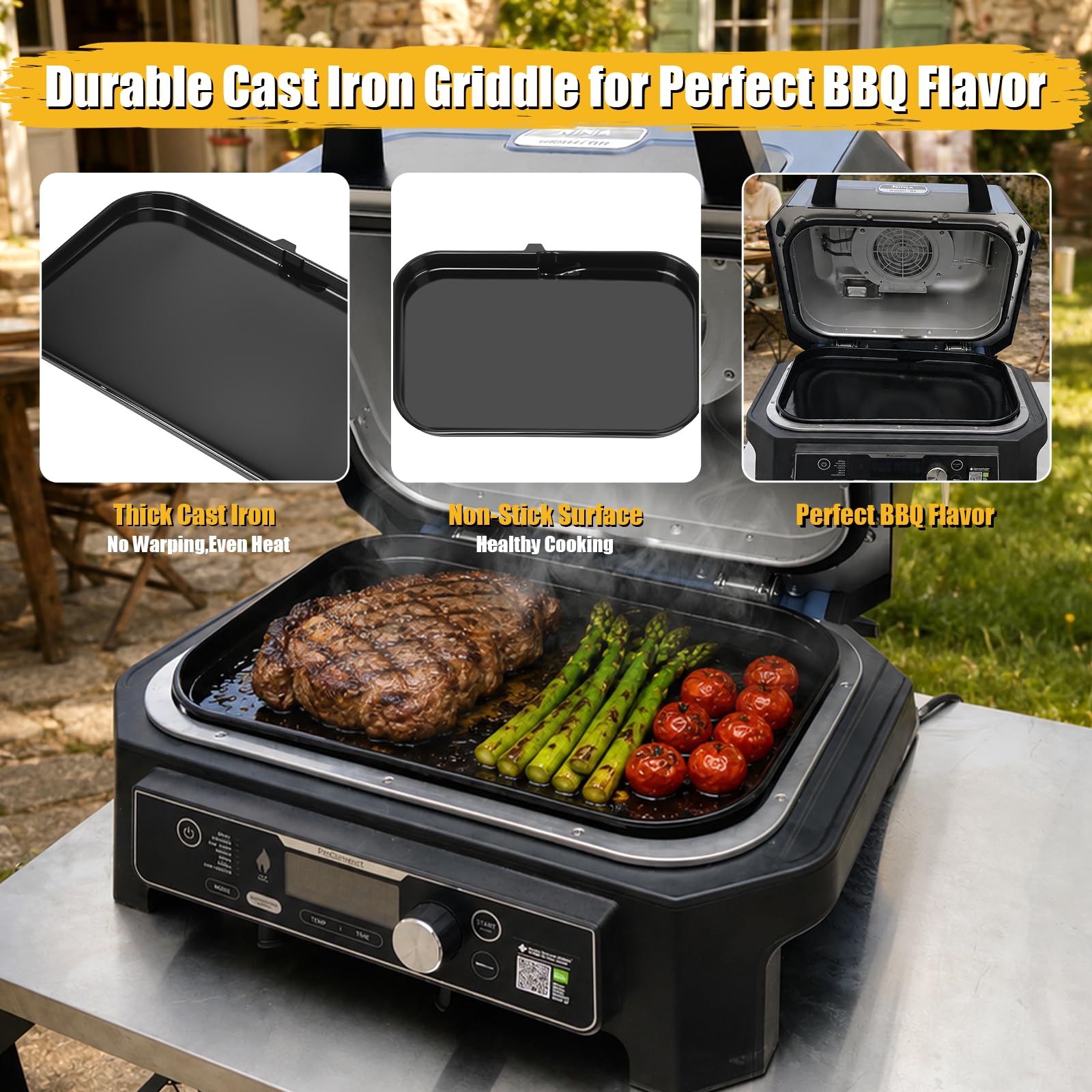 GFTIME Plaque de cuisson en fonte pour Ninja Woodfire Pro XL, série OG800 et OG900 (OG850/OG901), plaque de cuisson plate d'extérieur avec ouverture à huile, revêtement en céramique, insert noir