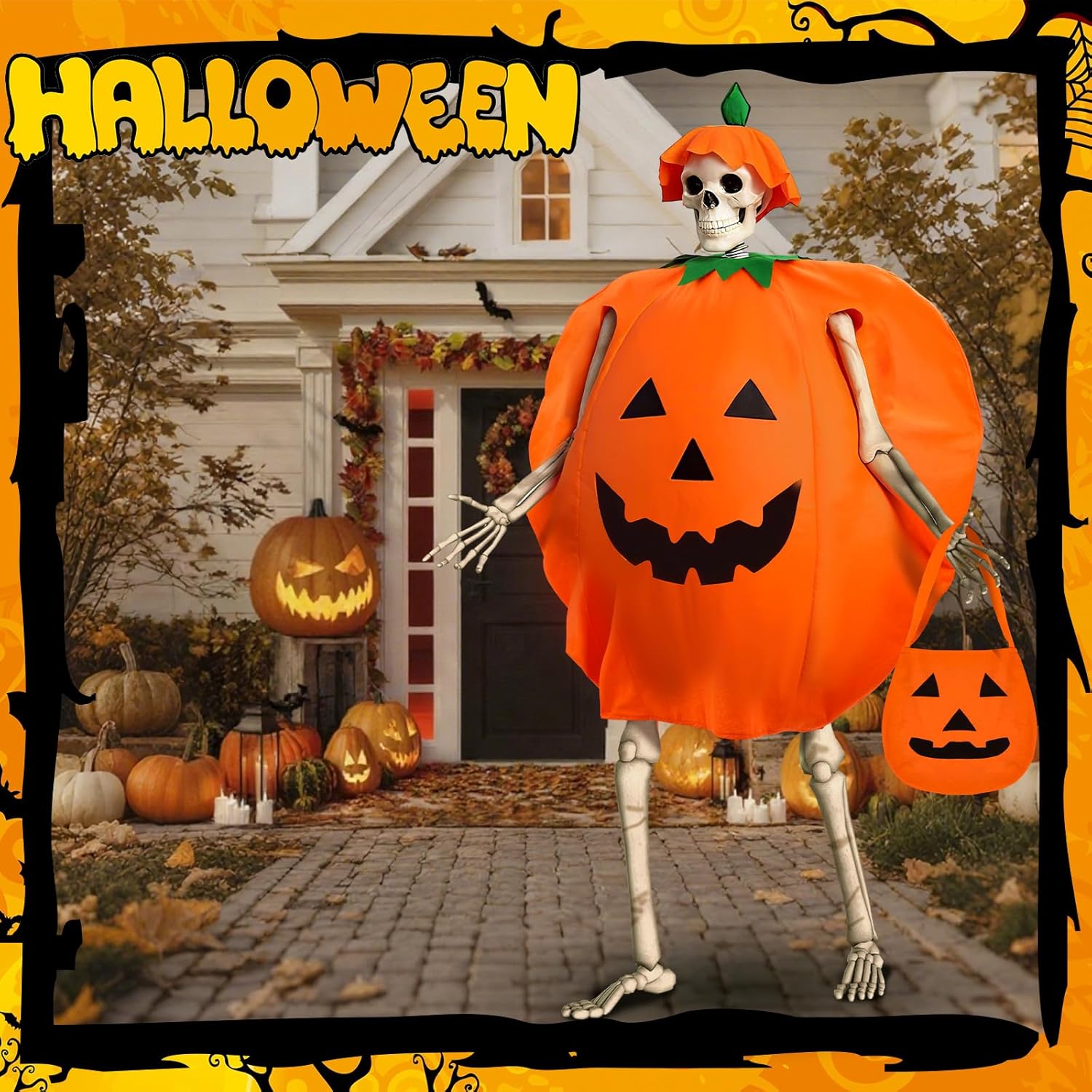 3 Pcs 12 ft Skeleton Halloween Pumpkin Costume Set Includes Pumpkin Hat Clothes Basket Halloween Skeleton Accessories Decorations for Party Lawn Decor