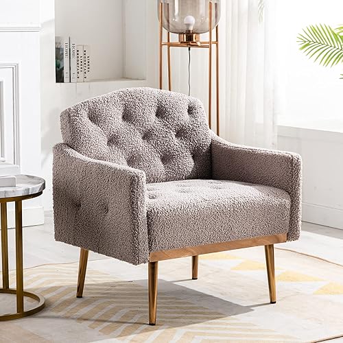 JOYBASE Mid Century Modern Accent Chair, Wood and Steel Armchair, Comfy Reading Chair, Arm Chair for Living Room, Bedroom (Grey, Faux Fur)