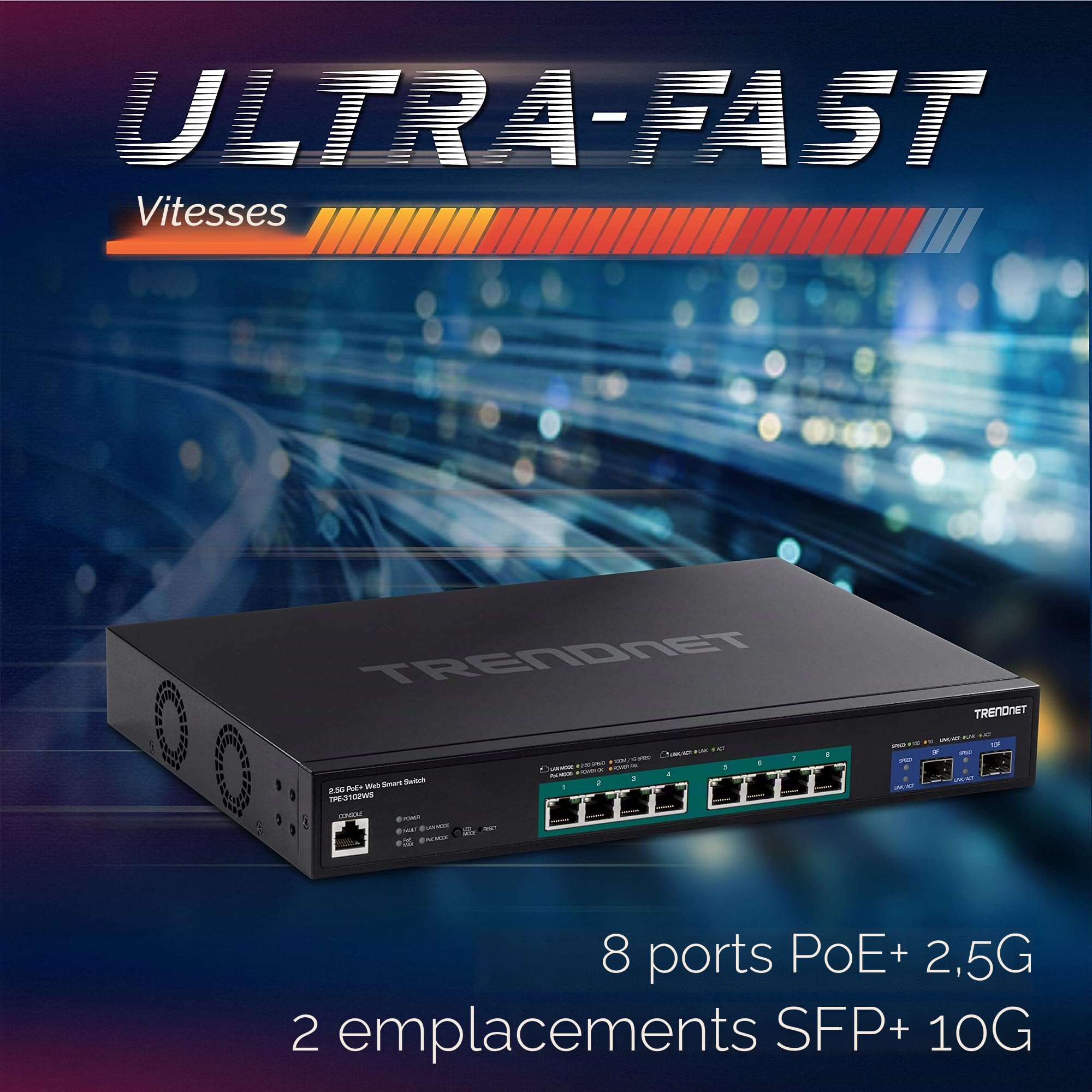 TRENDnet, TPE-3102WS, Switch Web Smart PoE+ 10 Ports Multi-Gigabit, 8 Ports PoE+ 2,5 GBASE-T, 2 emplacements SFP+ 10 Gbit/s, boîtier métallique, commutateur Ethernet réseau géré, Noir
