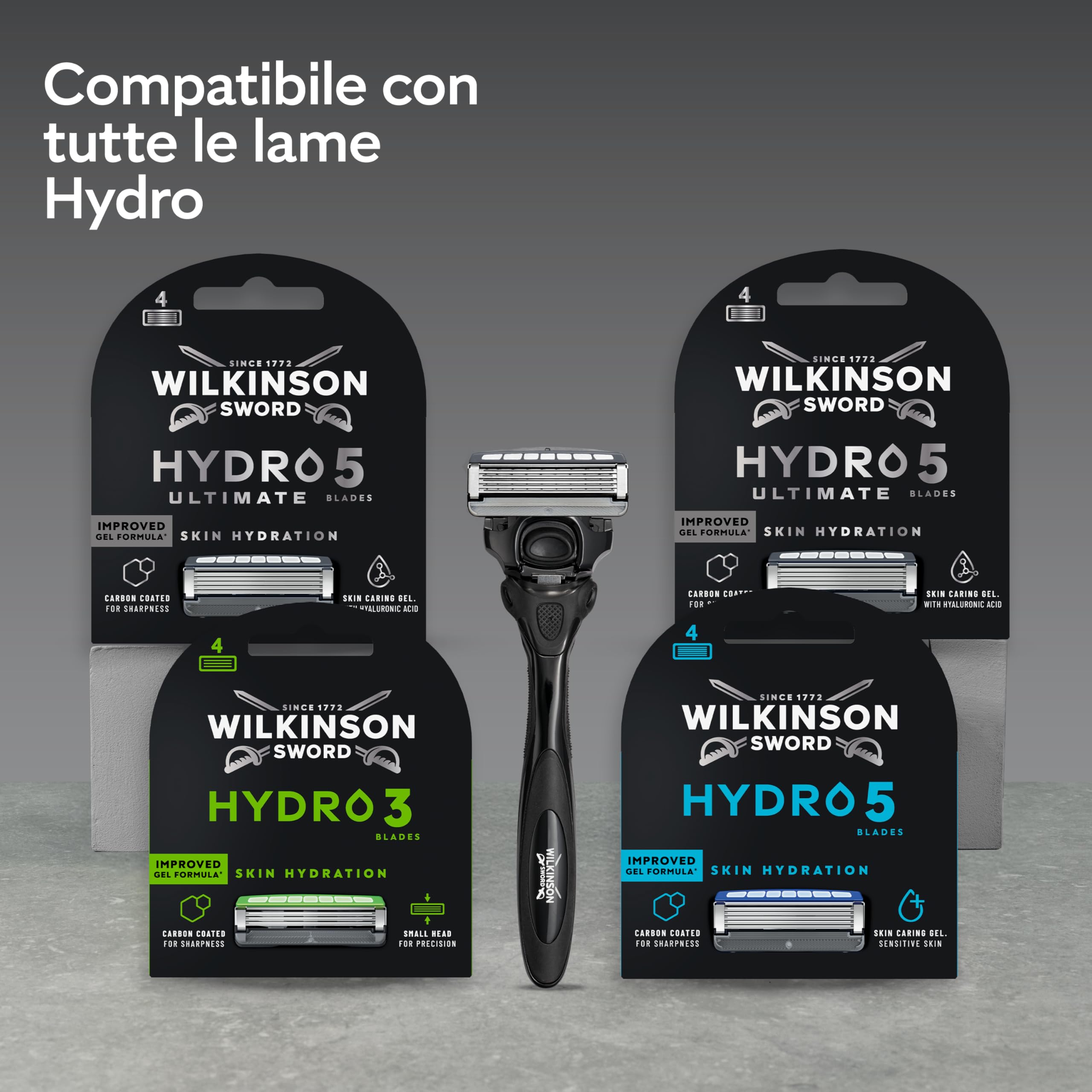 Wilkinson Sword Hydro 5 Ultimate, rasoio da uomo, formato convenienza, con acido ialuronico e lame rivestite in carbonio, manico + 5 ricariche
