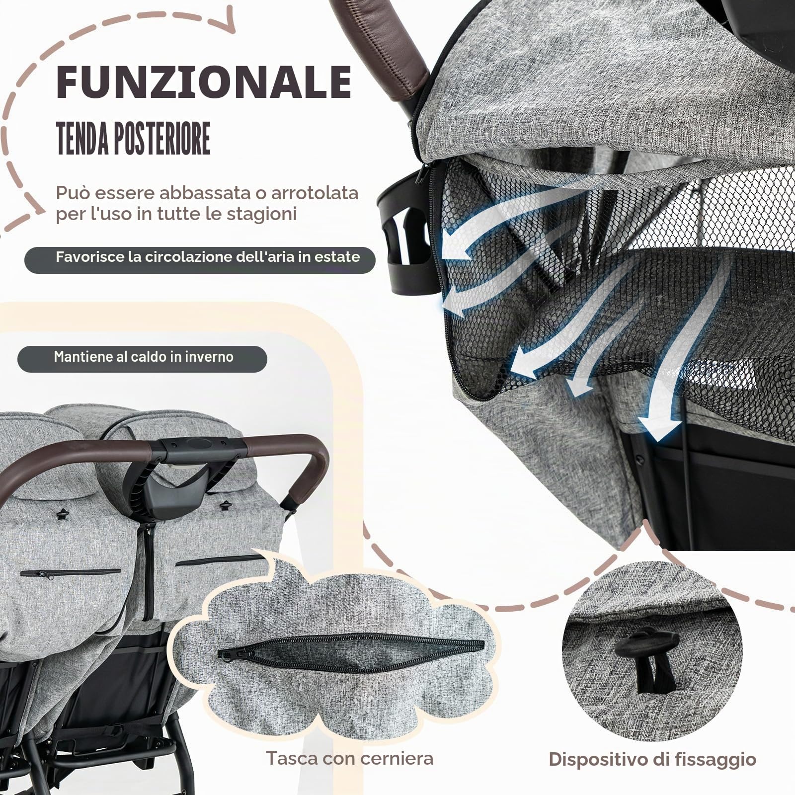 LIFEZEAL Passeggino doppio fianco a costa, Tandem gemelli pieghevole, schienale reclinabile a 3 posizioni, poggiapiedi, imbracatura a 5 punti, carico 15+15 kg, bambino 0-3 anni (grigio chiaro)