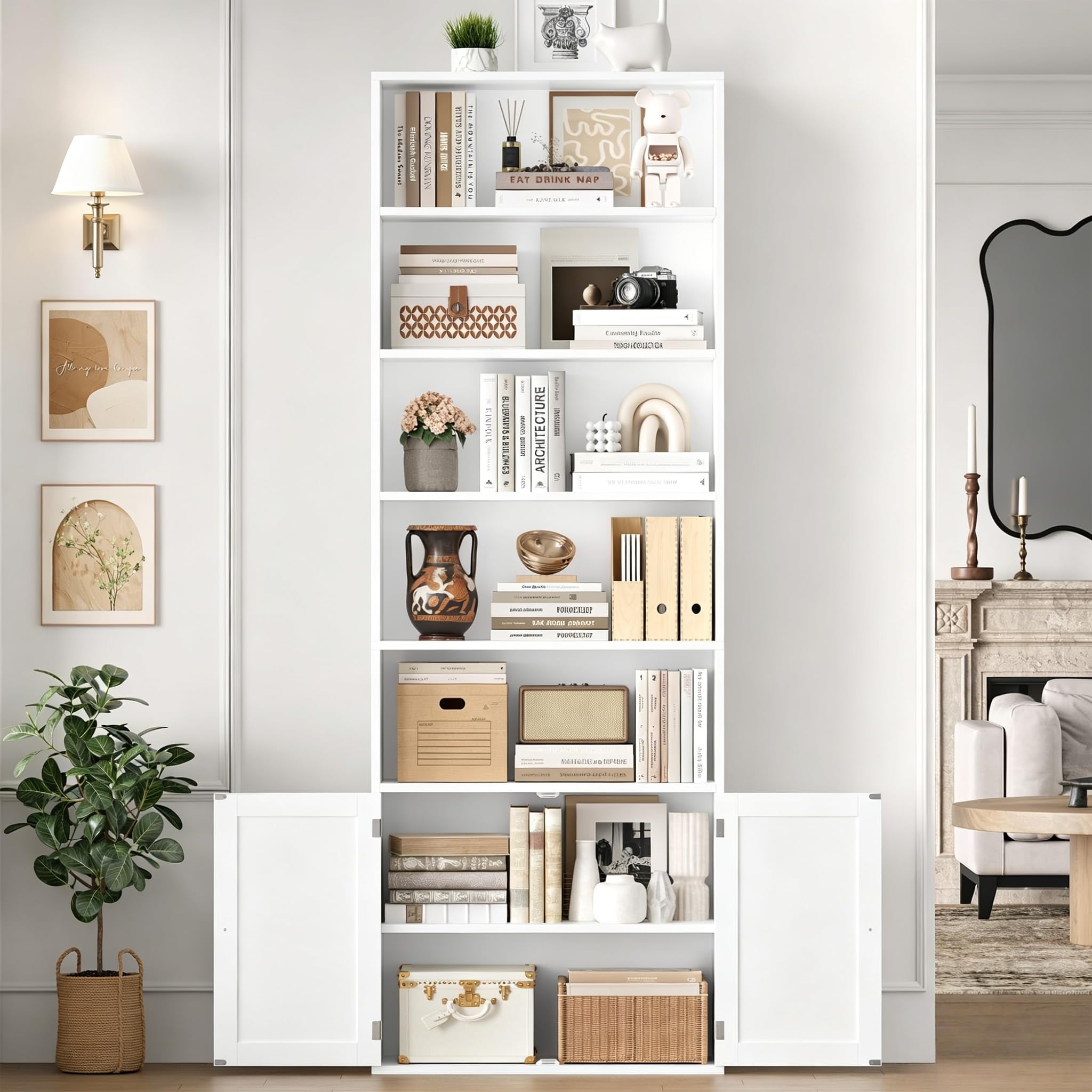 FirFurd Libreria Scaffale 209 cm con 7 Scomparti Aperti, libreria Verticale con Ante, Libreria da Parete con Ripiano Regolabile, per soggiorno, ufficio, cucina, 60 x 23,5 x 209 cm (Bianco)