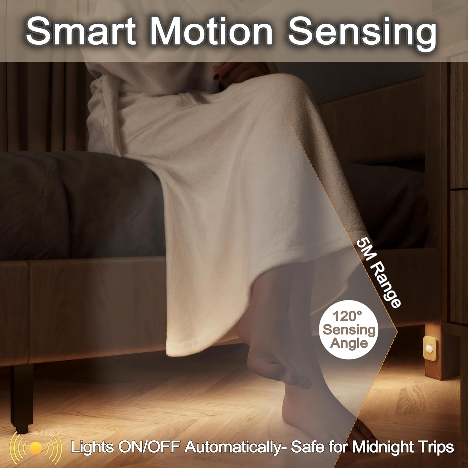 Queen Size Upholstered Platform Bed Frame with Wingback Headboard, Motion-Sensing LED Lights, Sturdy Slats, Mattress-Lock Footboard, PU Leather,No Box Spring Needed, Easy Assembly, Whitewashed Oak