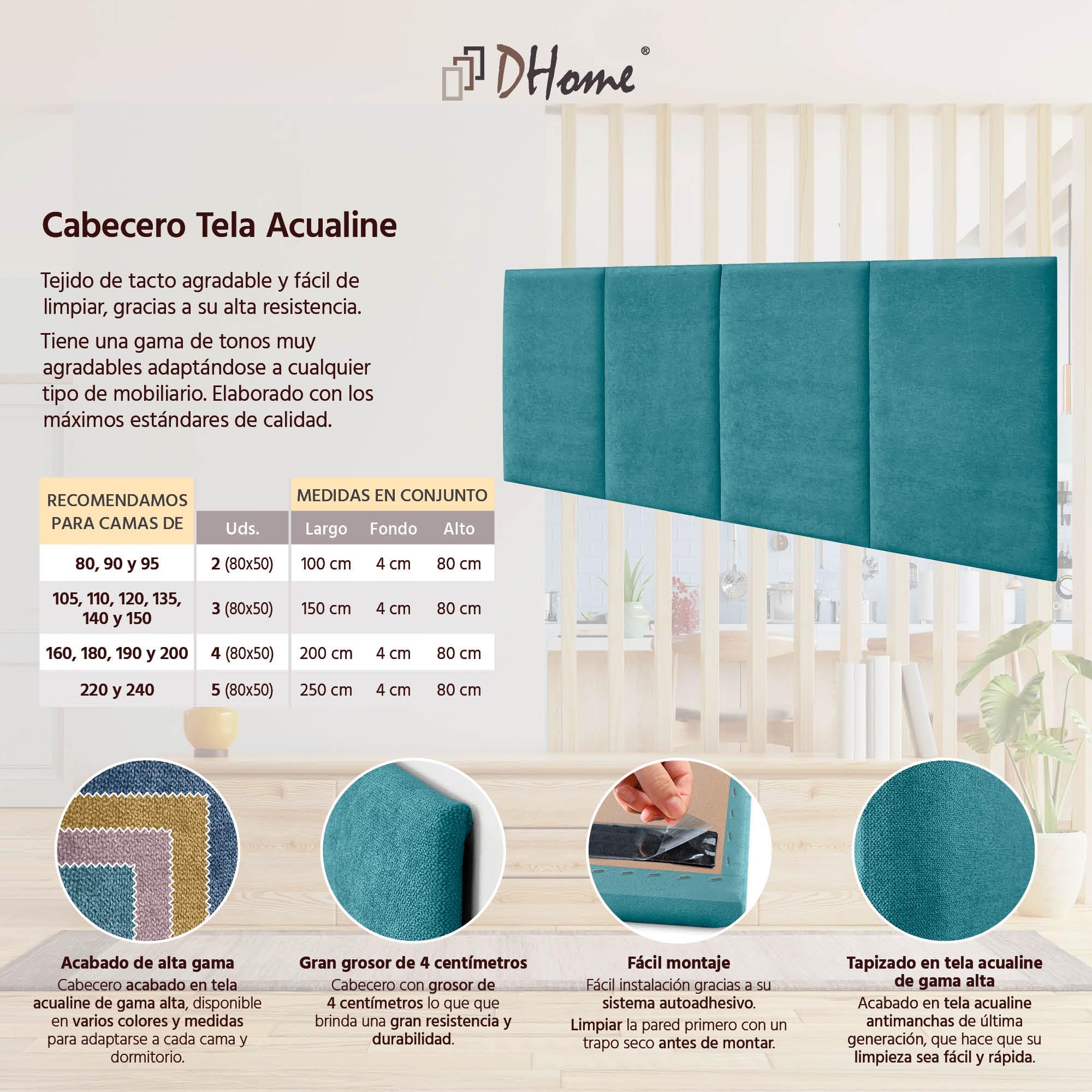 DHOME Testiera Imbottita in Tessuto Aqualine Premium Antimacchia Design Modulare Verticale Autoadesiva Testata Letto Camera da Letto Imbottita (Turchese, 160cm, Altezza 80 cm, x4)