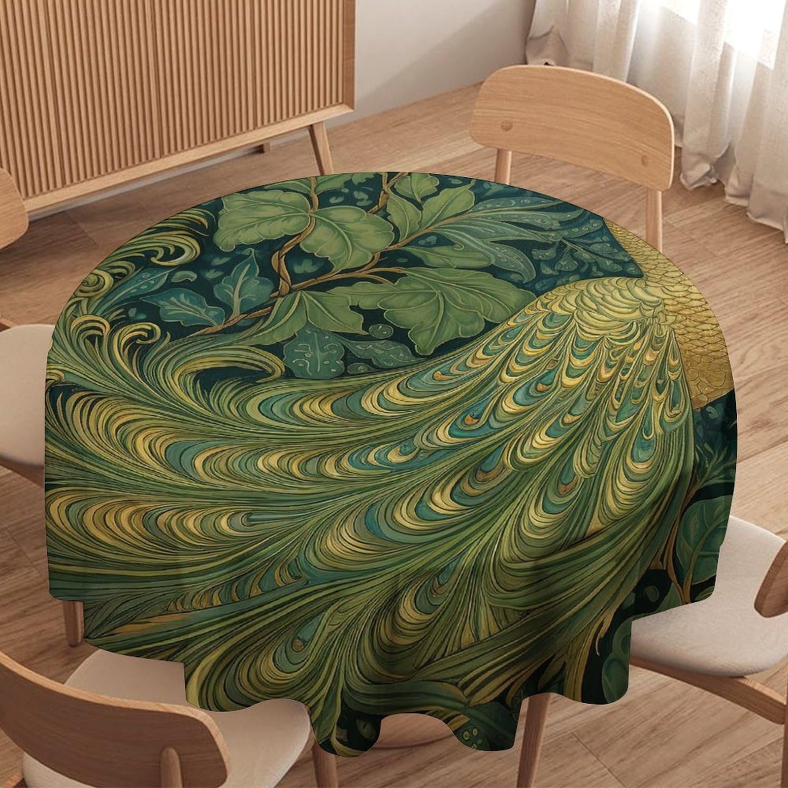 Guangpat Style-17 Chinoiserie Gold Peacock Bird Floral Round Tablecloth Aqua And Green Asian Table Cloth 70X70in Table Cover Outdoor Washable Polyester Table Decor For Picnic Banquet Party Kitchen