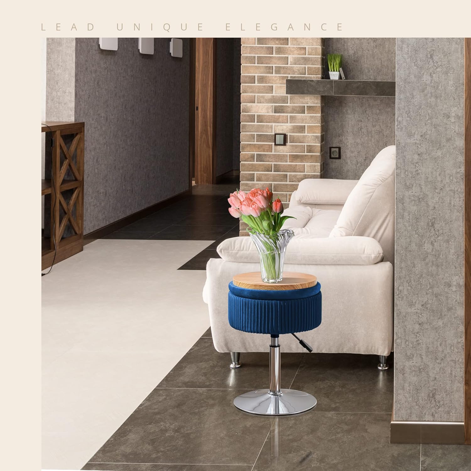 LUE BONA 360°Swivel Vanity Stool Chair for Makeup Room, Height Adjustable Stool for Vanity with Storage, Small Navy Blue Velvet for Bathroom, Living Room