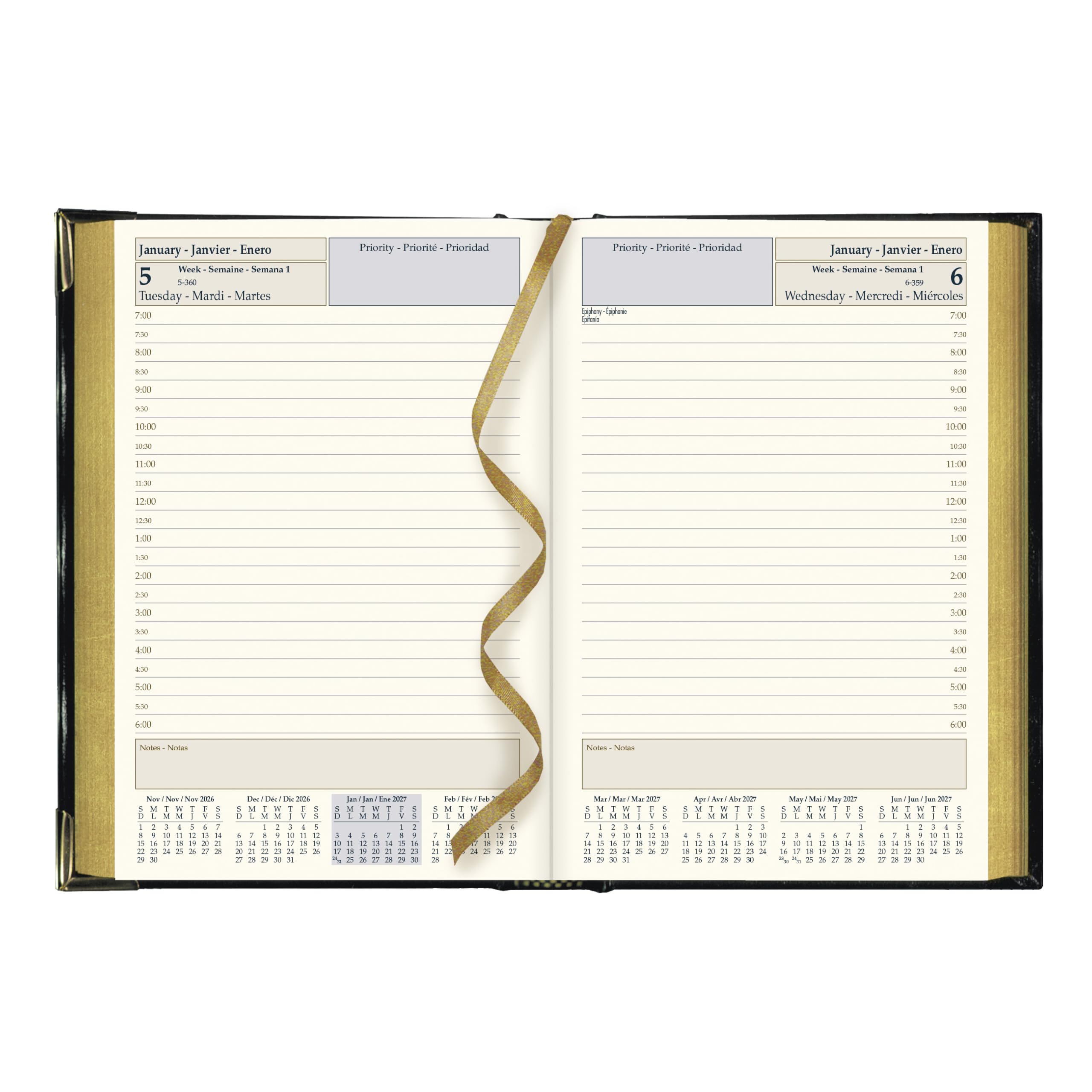 Brownline® Agenda giornaliera 2027, 12 mesi, da gennaio a dicembre, rilegatura cucita, 18,1 x 12,4 cm, nero, trilingue (CBE504)