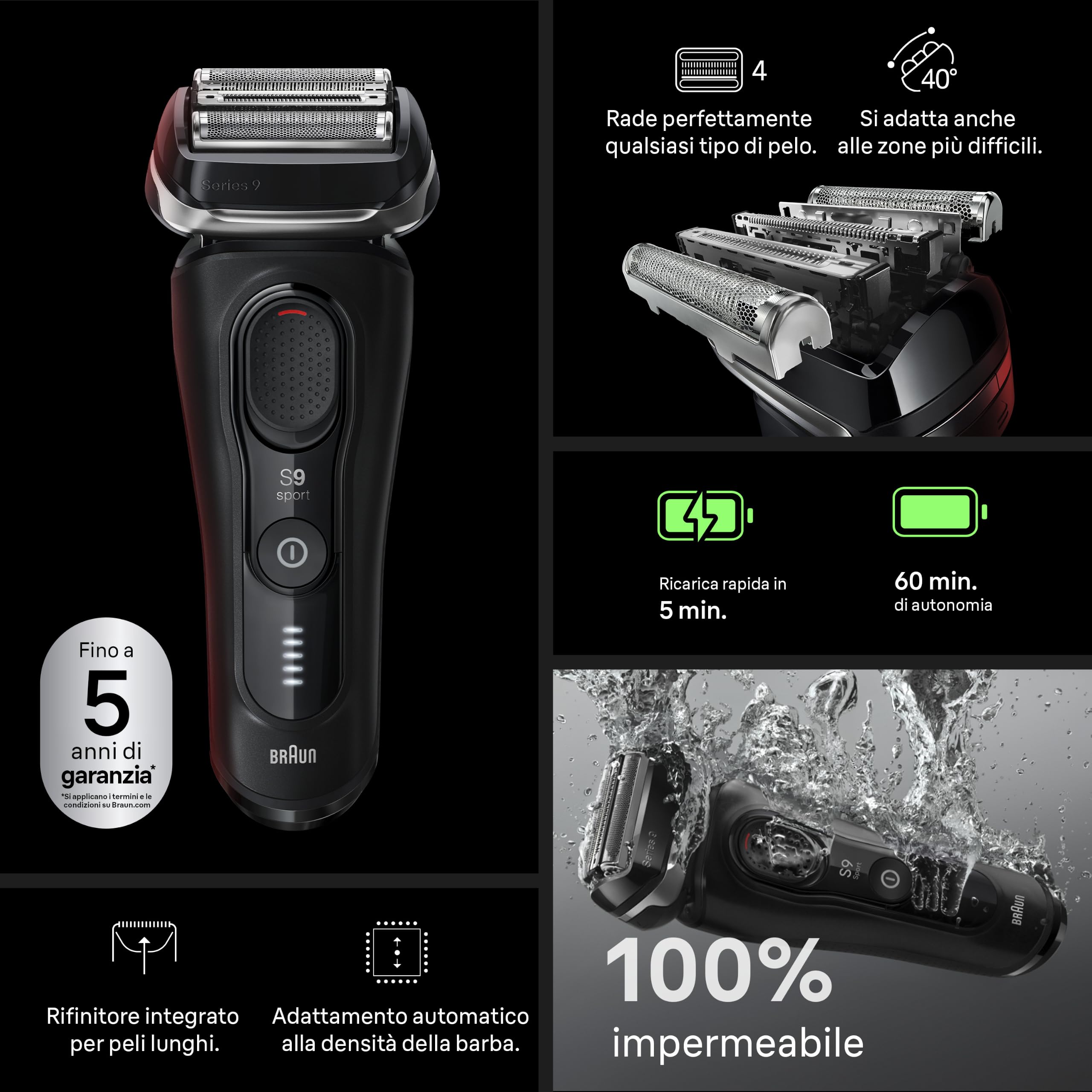 Braun Serie 9 Sport Rasoio Elettrico Barba, Custodia,Smartcare 9150cce Nero | Regolabarba Uomo Impermeabile, Ricaricabile, Testina 4+1 e Rifinitore, Stazione SmartCare, per Qualsiasi Densità di Barba