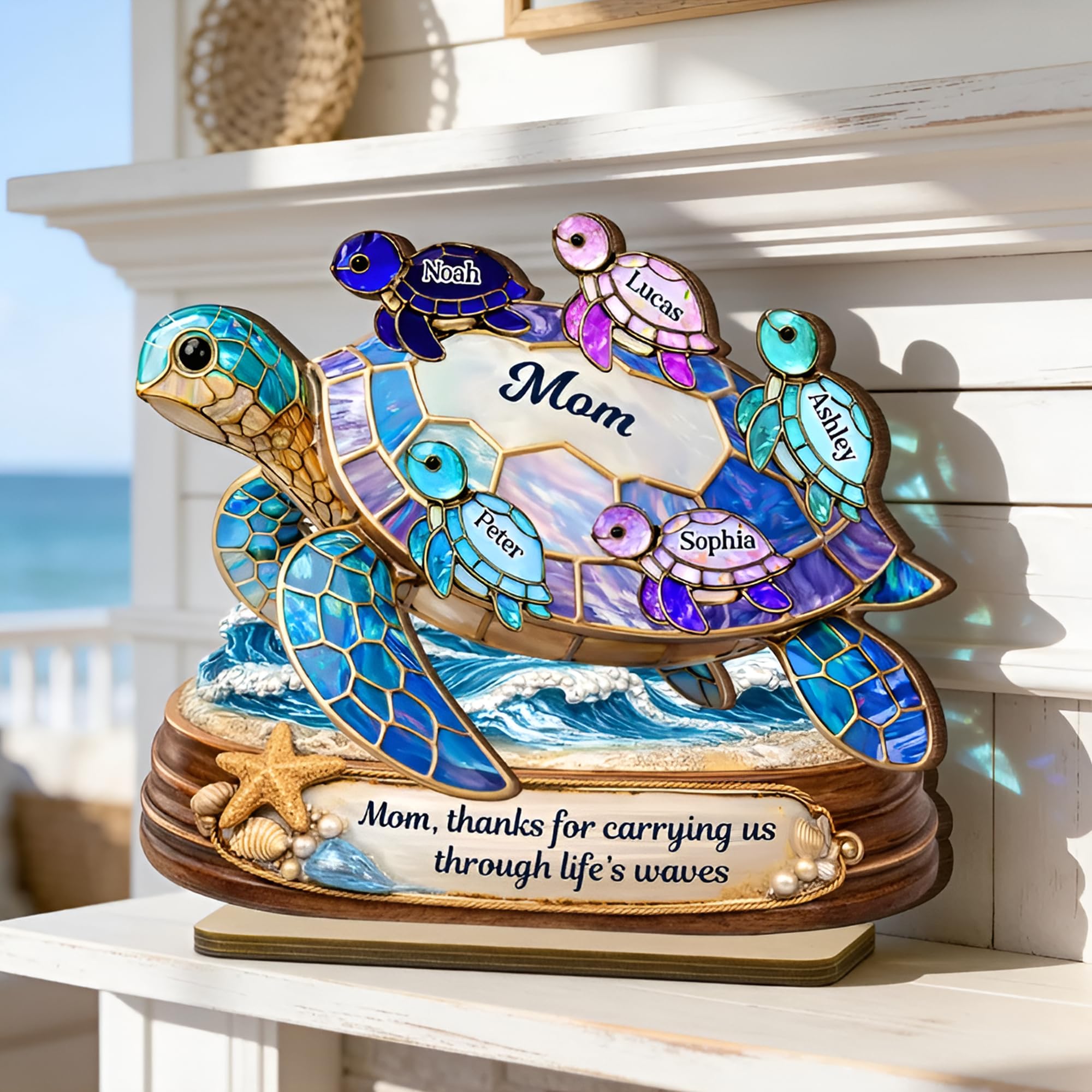Personalized Mom And Kid's Name Wooden Plaque, Thanks For Carrying Us Through Life's Waves Wooden Sign, Gifts For Mothers Day, Birthday, Christmas, Mom Keepsake Decor Style 1 - 1