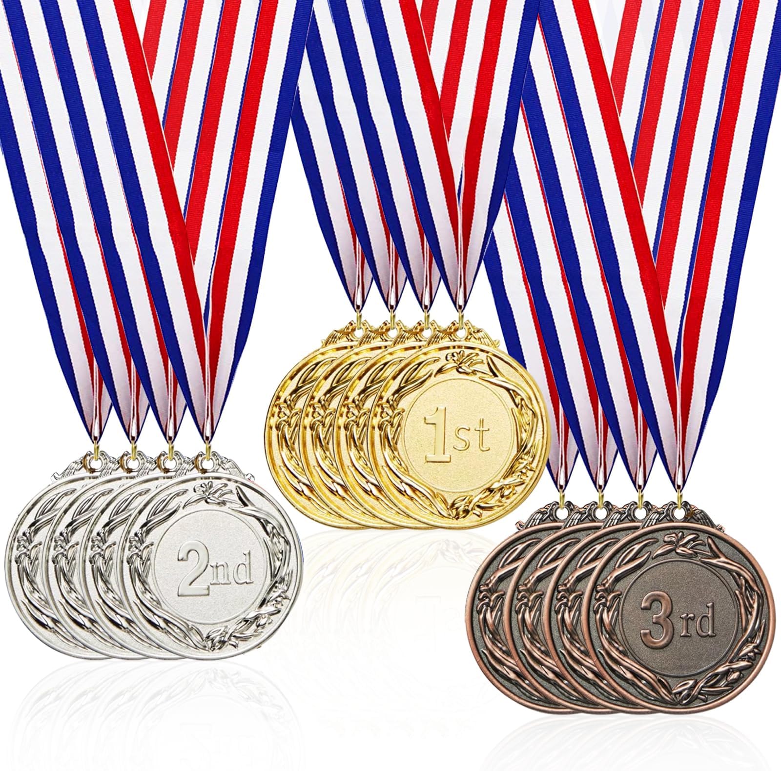 12 Pcs Medals for Children Sports Day Medals 2 inch Gold Silver Bronze Medals Metal for Kids Adults Winner Medal with Ribbon 1st 2nd 3rd Medals Award for Gymnastic Medal Competitions Party