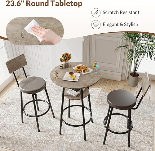 Miniatura 4 de Juego de mesa redonda de bar y sillas de 3 piezas, mesa de comedor pequeña para 2, mesa de bar de cocina, mesa de desayuno con almacenamiento, 2