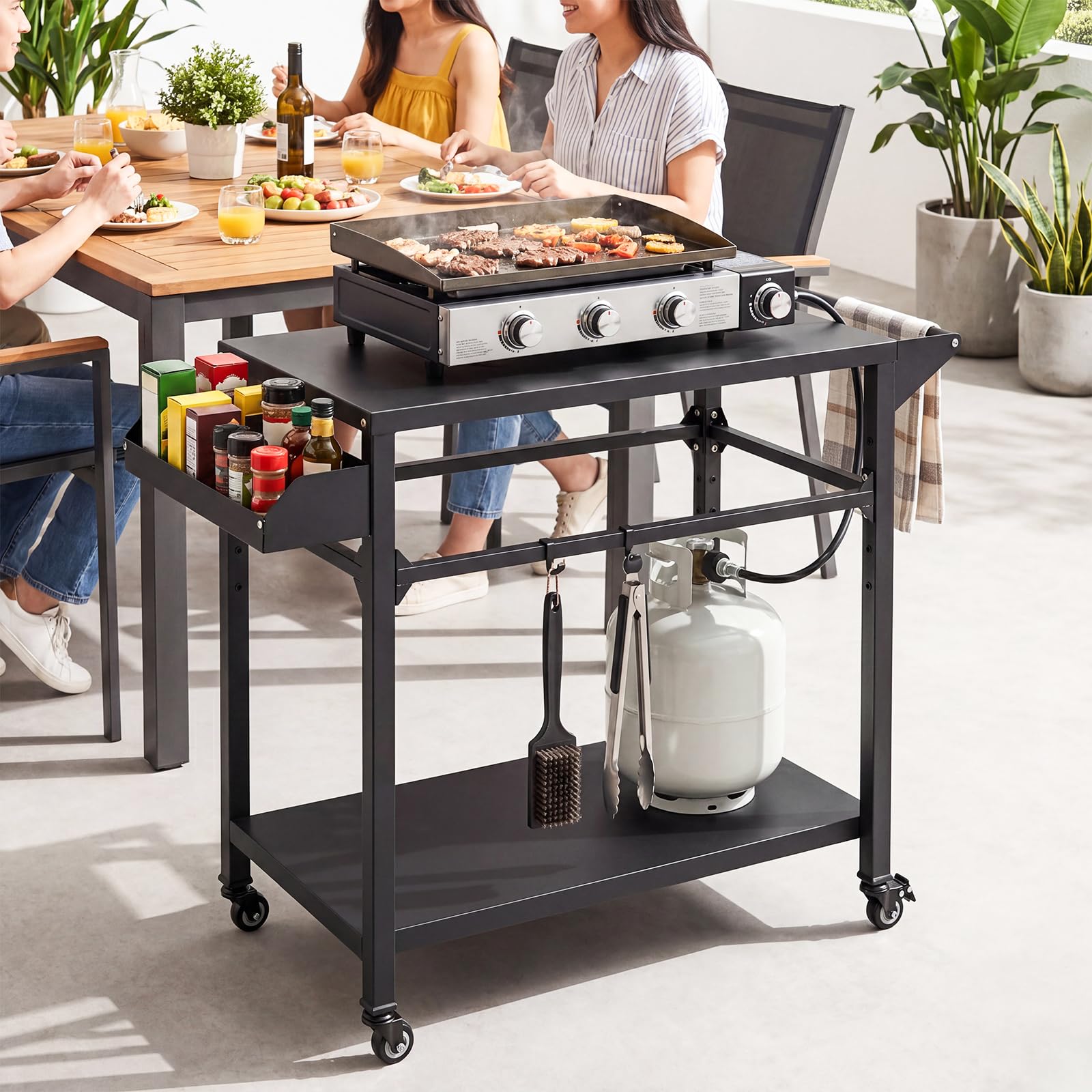 COSTWAY Grillwagen Outdoor, Grilltisch auf Rollen, Pizzatisch mit 2 Ablagen, Griff & Gewürzregal, Servierwagen Metall, Grill Beistelltisch wetterfest, für BBQ Partys, 100 x 45 x 80 cm, Schwarz