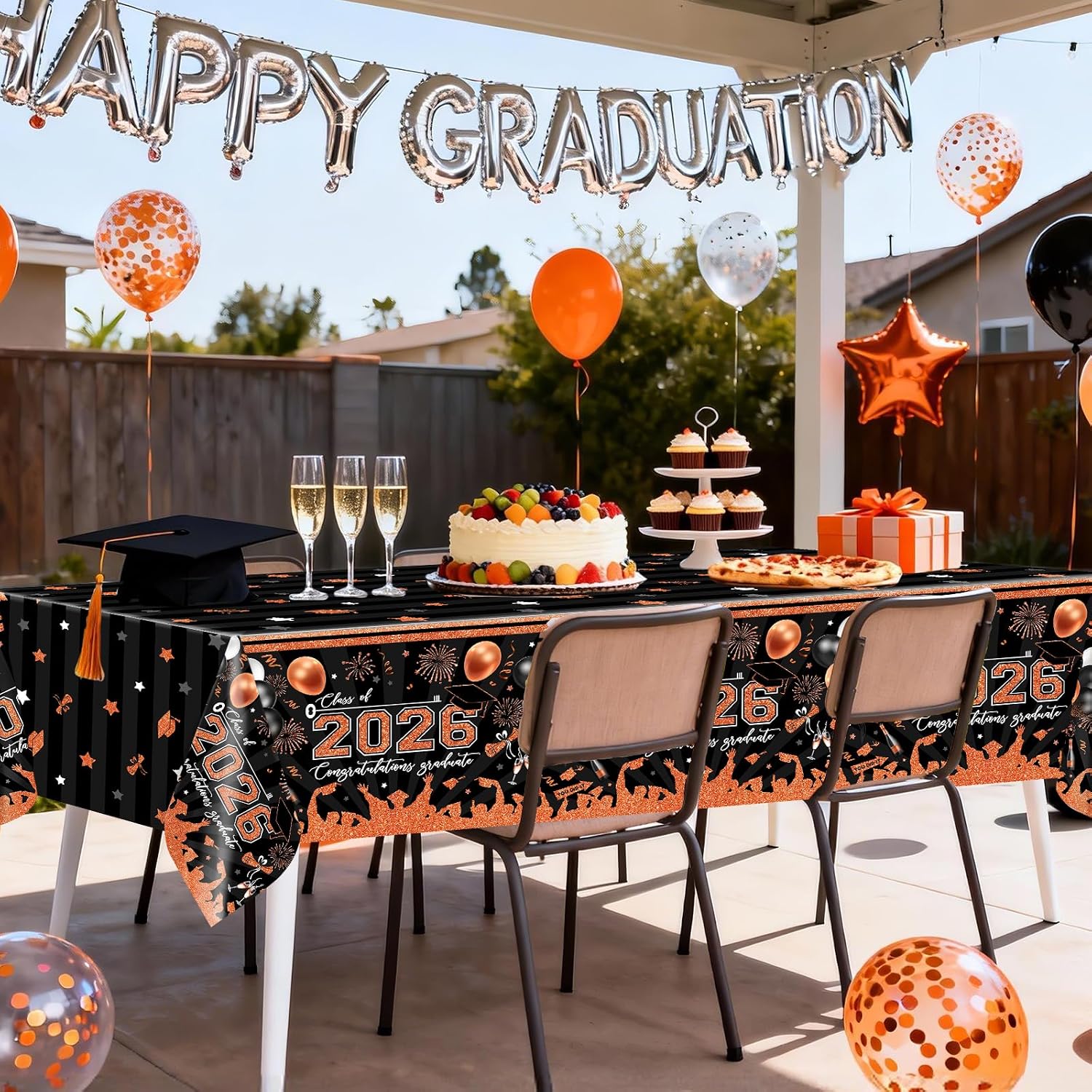 Avezano 3 pcs Graduation Tablecloths 108x54 inch Graduation Table Cloths Class of 2026 Orange and Black Grad Party Tablecover Decorations Plastic Disposable