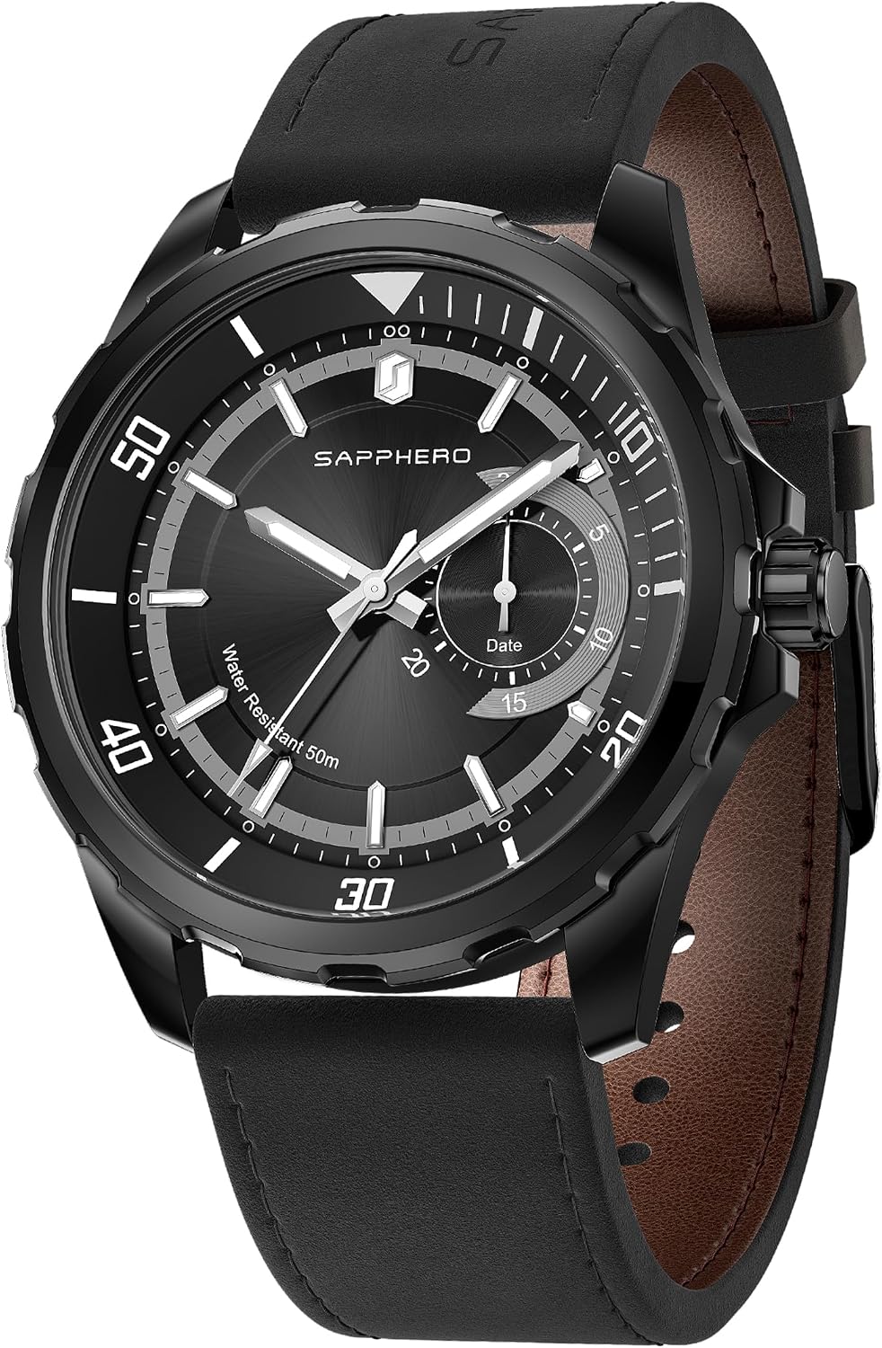 SAPPHERO Mens Watch Analog Quartz Watches with Date Subdial Leather Strap 50M Waterproof Business Work Sport Casual Dress Wristwatch Elegant Gift for Men