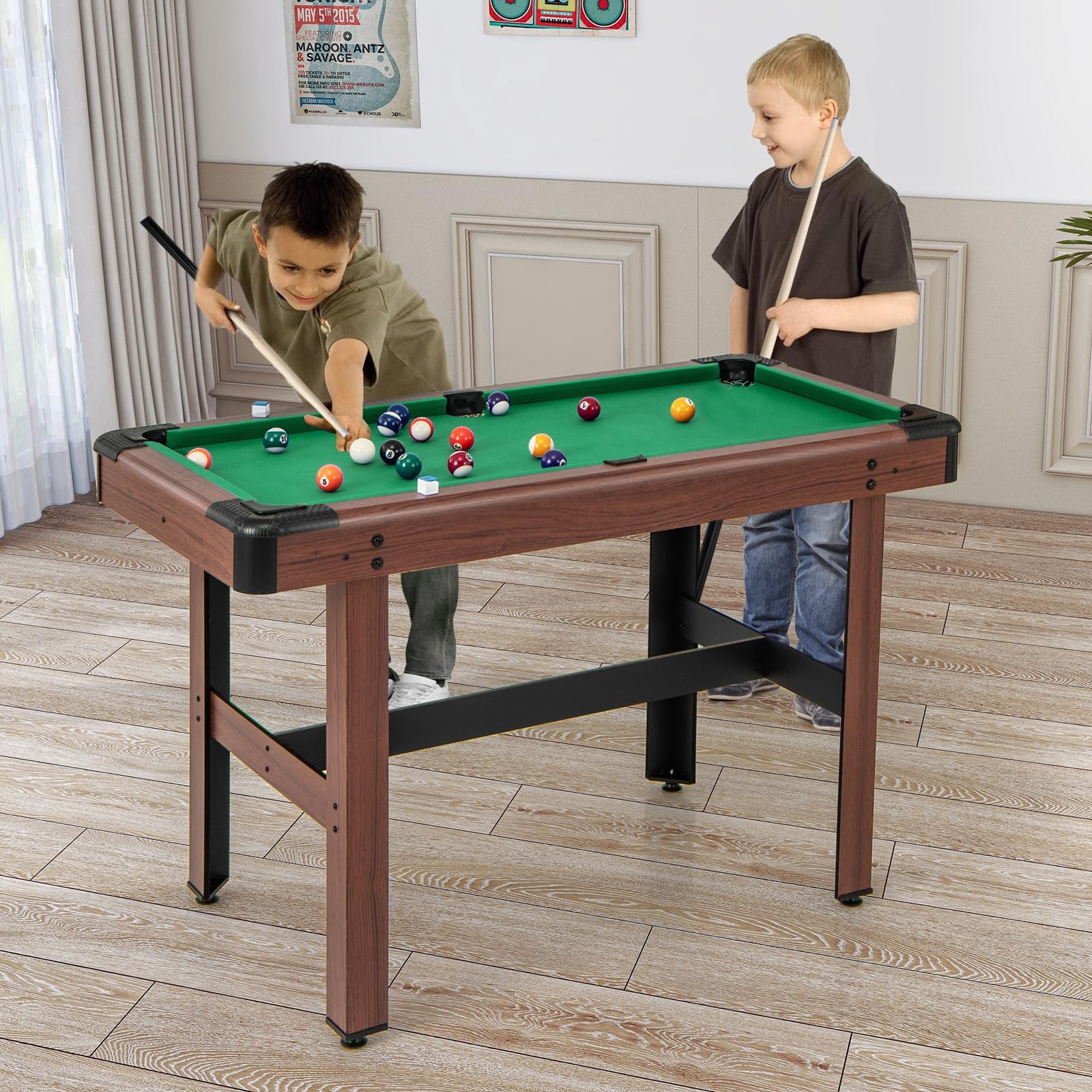 FANTASK Mesa de Billar de Madera con Accesorios, Mesa de Billar con 2 Tacos, 2 tizas y triángulo y Cepillo, Juego de Billar para niños y Adultos, 122 x 61 x 76 cm