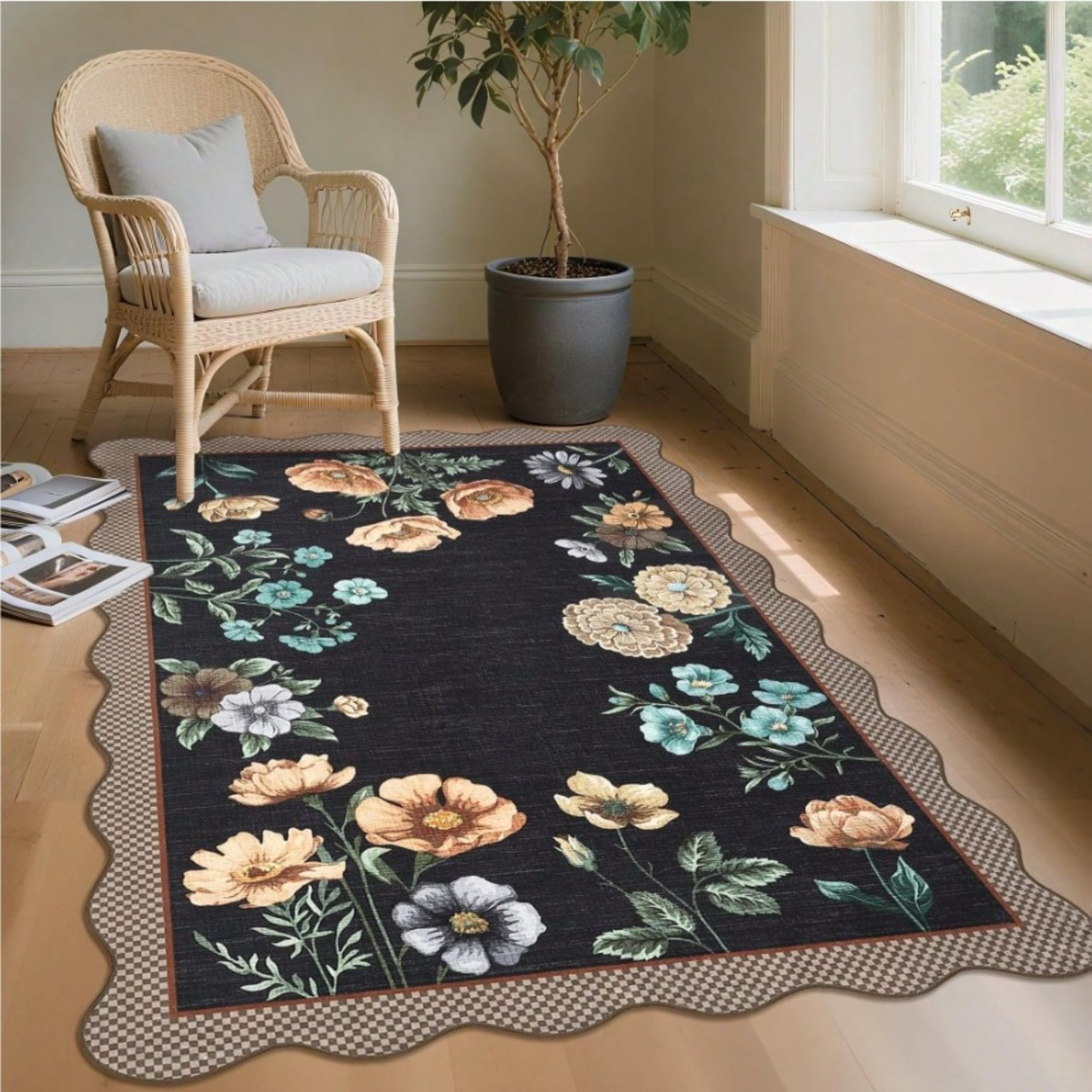 SOJAWA Black Floral Rugs Living Room, 200x260cm,Soft Boho Washable Area Rugs for Bedroom,Dining Room and Nursery,Non-Slip Soft Area Rug,Foldable Farmhouse Carpet