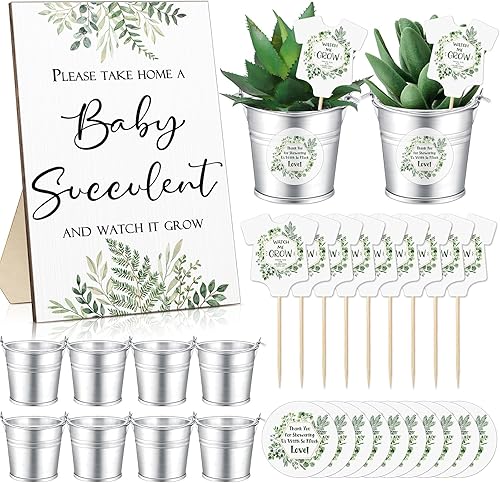 Fulmoon 151 piezas de regalos de baby shower para invitados incluyen 1 decoración de baby shower vegetal, 50 etiquetas de suculentas Watch Me Grow,