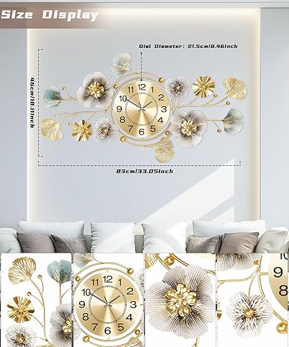 Miniatura 2 de Reloj de pared para sala de estar, reloj de pared silencioso decorativo, diseño retro 3D de hoja de ginkgo de metal, para oficina, dormitorio,