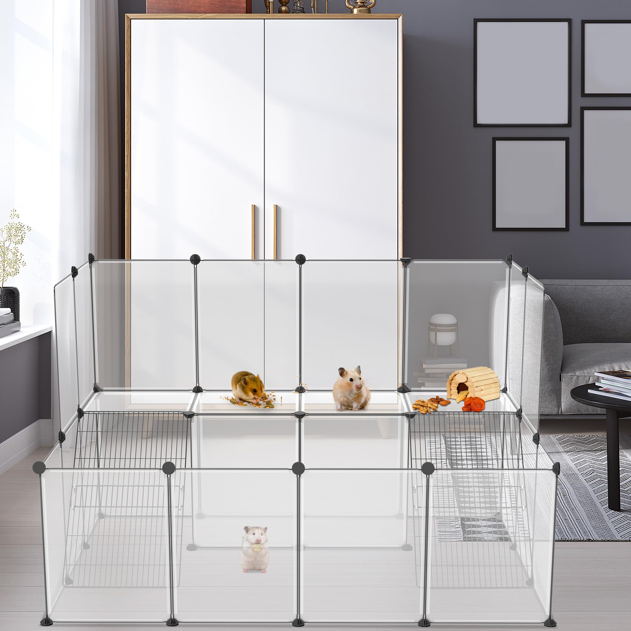NAIZY Parque al aire libre, 26 unidades, 143 x 108 x 93 cm, color blanco, para animales pequeños, 35 x 45 cm, por pieza, ampliable para conejos, con escalera de rejilla