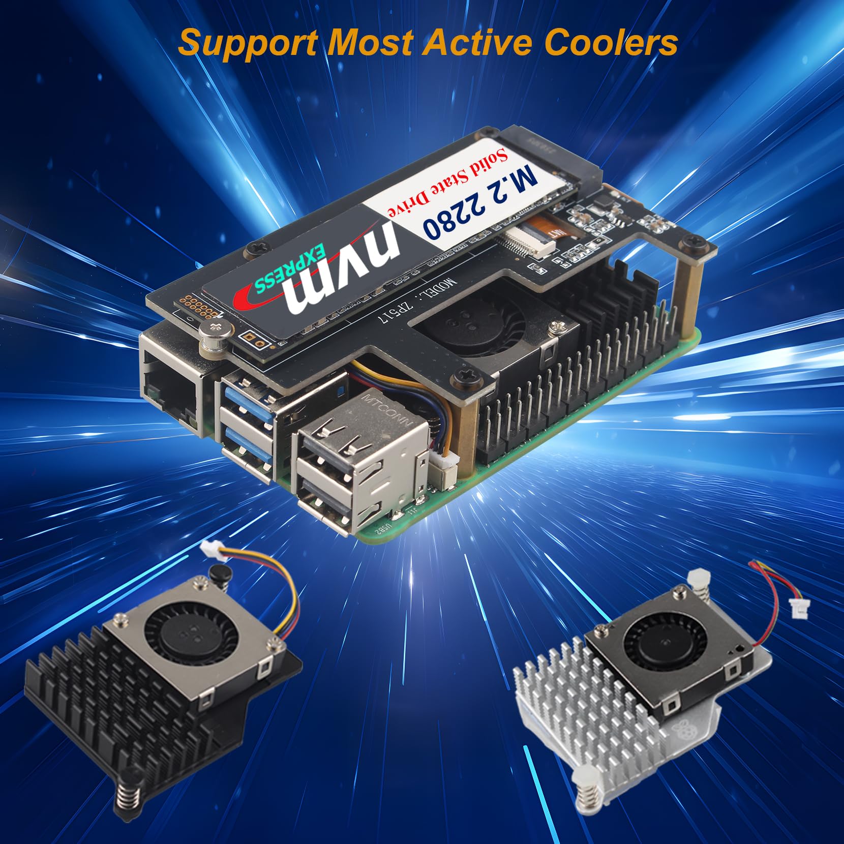 ZDE ZP517A PCIe to M.2 HAT Key-M NVMe SSD Solid State Drive Adapter Board PIP PCIe Peripheral Board for Raspberry Pi 5 Support M.2 NVMe SSD 2230 2242 2260 2280 - Additional View