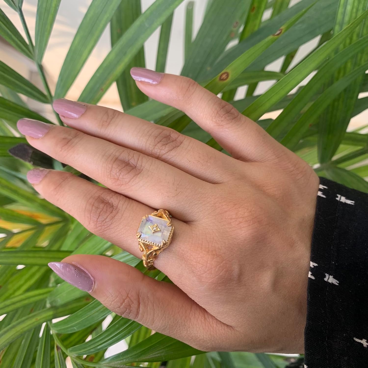 Elammo Genuine Faceted Natural Rainbow Moonstone 925 Sterling Silver Ring for Women Art deco Authentic Gemstone Vintage Engagement Promise Proposal Ring Gift for Her