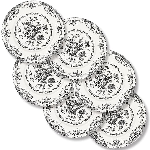 Dinner Plates Set of 6, Ceramic Kitchen Plates Microwave Safe Plates, 10.5 Inch Porcelain Dinner Plates Floral, Black