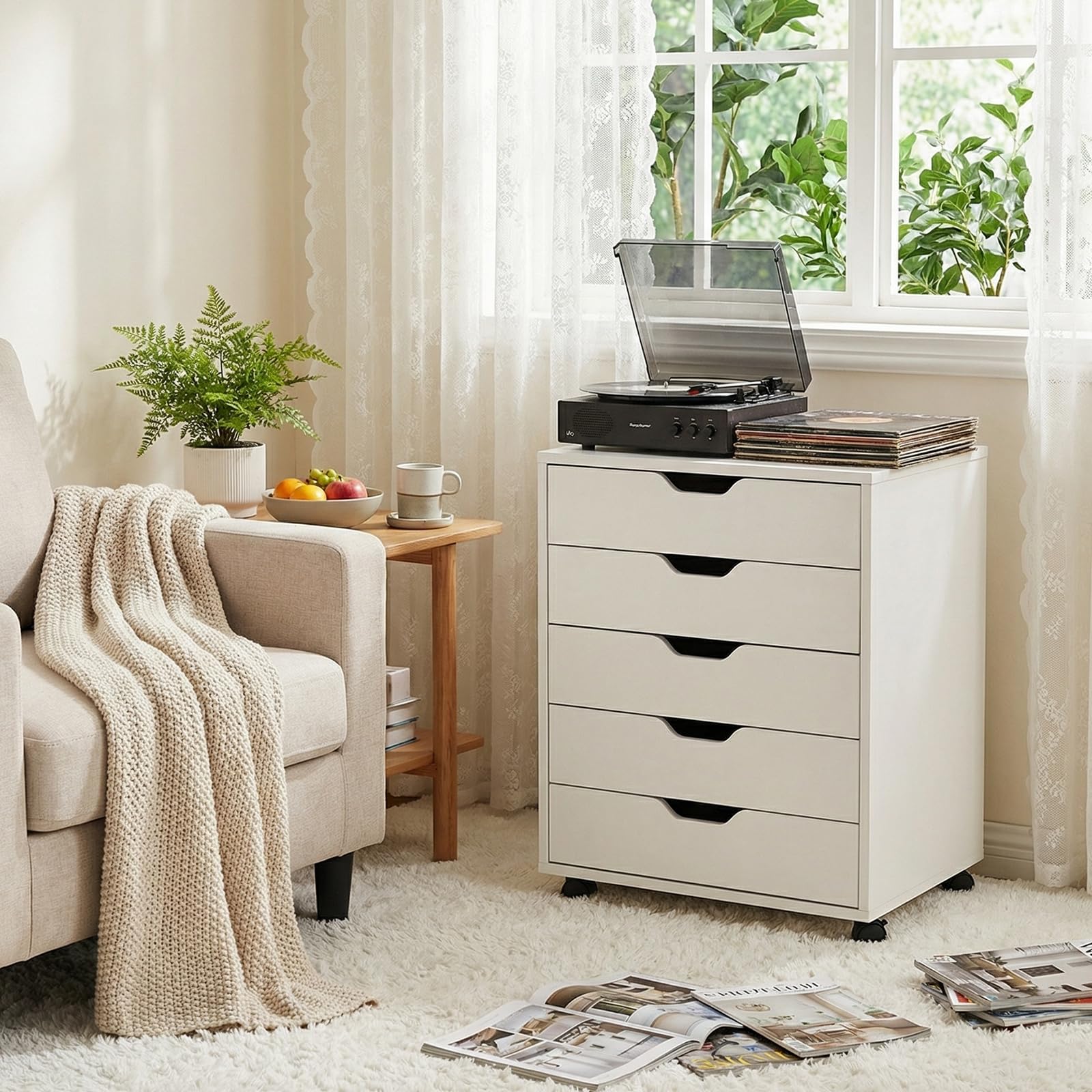 Cajonera Oficina, Cajonera Escritorio con 5 Cajones, Multiusos Armario Archivador Móvil con 4 Ruedas para Bajo Escritorio Casa, Soporte para Impresora, 65cm Alto, Blanco