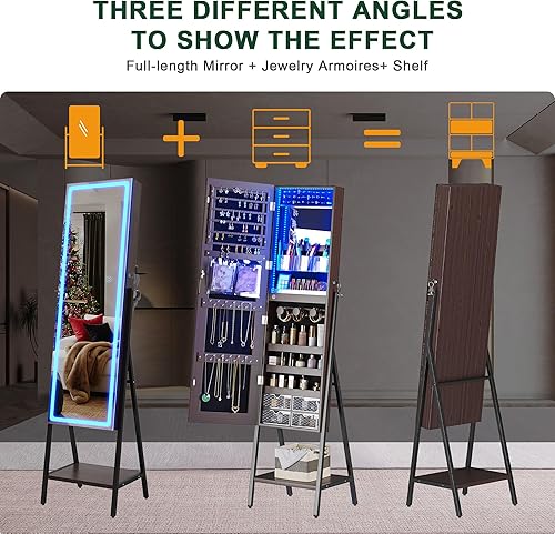 Miniatura 3 de HNEBC Armario de joyería con espejo LED, organizador de joyas con cerradura, espejo de longitud completa con almacenamiento, luces ajustables,