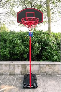 Portable Removable Adjustable 1.6m-2.18m Basketball Rack Stand Galvanized Steel Frame, HDPE Backboard, Dacron Net, Black & Red for Backyard Driveway School Community Center Beach Park