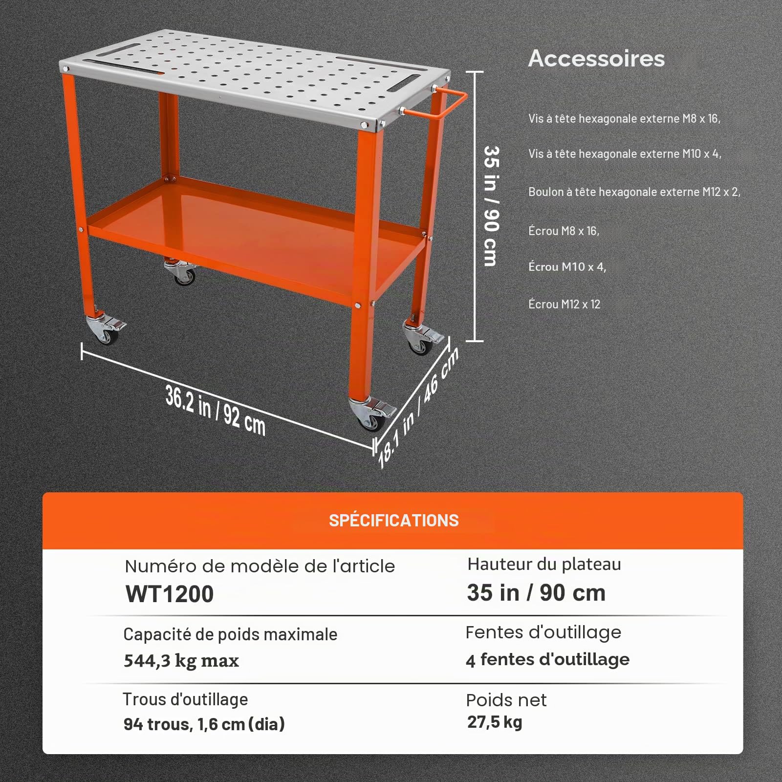 VEVOR Table de Soudure 91,4 x 45,7 cm Établi de Soudage Charge 544 kg Établi Travail Acier sur roulettes à Frein 2 Niveaux 4 Fentes d'Outils Trous de Fixation 1,6 cm pour Réparation Soudage Bricolage