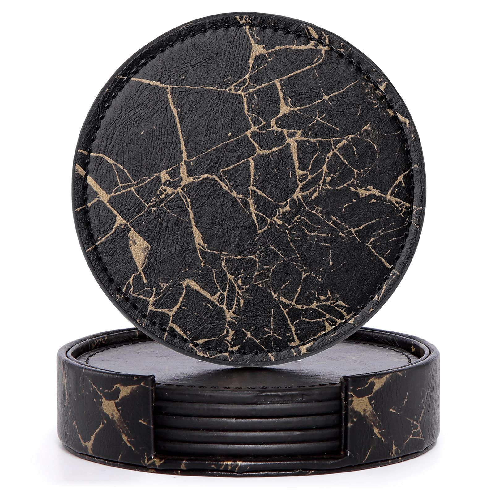 Coasters for Drinks with Holder, Absorbent Coaster Set of 6, PU Leather Drinks Coasters for Any Tabletop Waterproof and Heatproof Protection,Suitable for Kinds of Cups,4 Inches (Marble-Black)