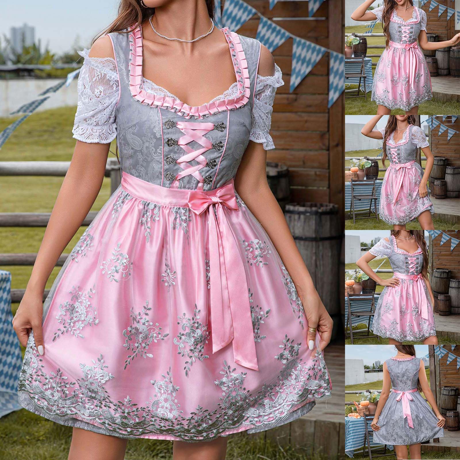 Generisch Damen Dirndl Midi Trachtenkleid 3 Teilig Komplettset mit Dirndlbluse Dirndlschürze Spitze klassisch elegant Baumwolle passend für Oktoberfest Karneval Volksfeste Größe 34 bis 54