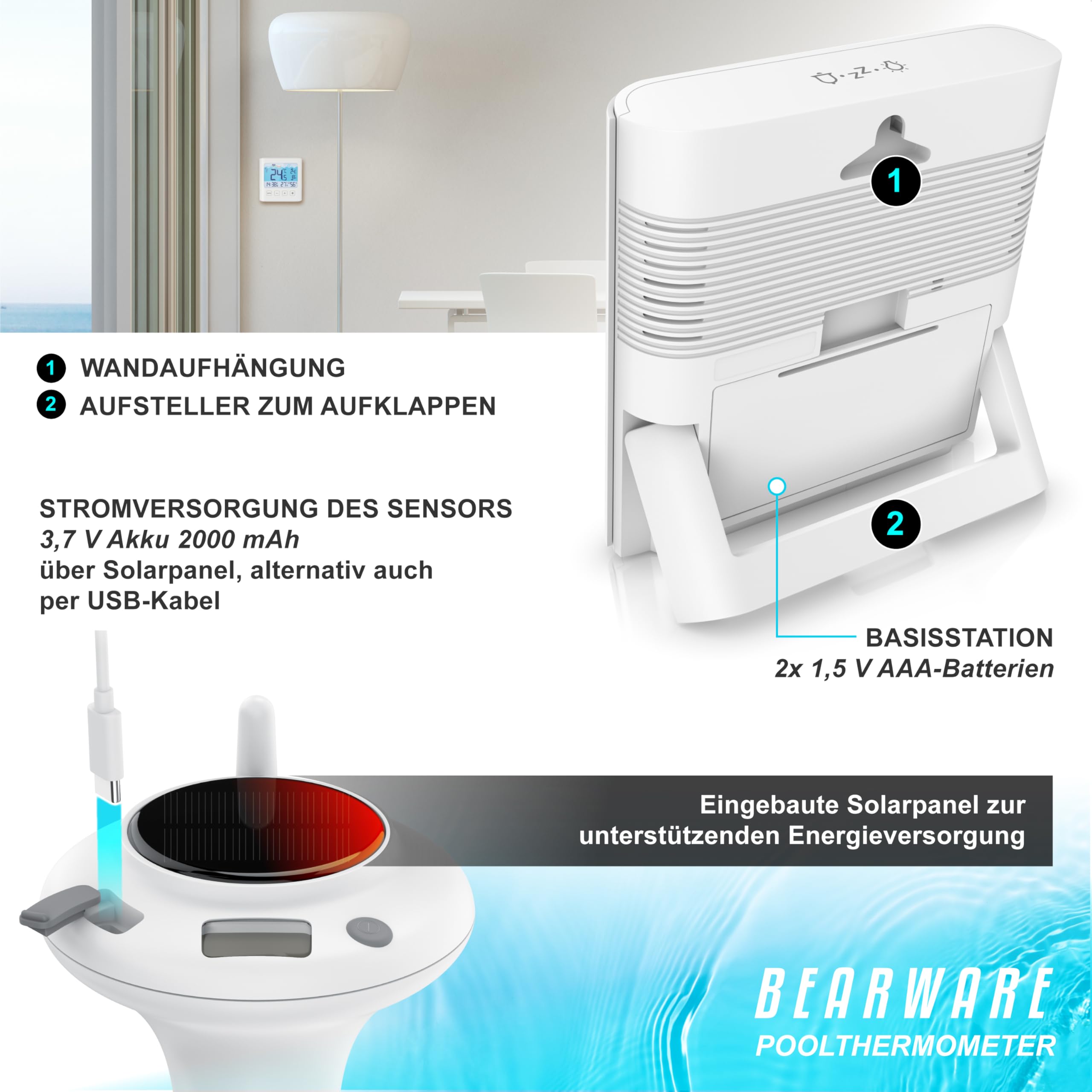 CSL – Funk Poolthermometer mit Display – Solar - Temperaturanzeige – Luftfeuchtigkeit – Innen- & Außentemperatur - Pool Schwimmbecken Schwimmbad Whirlpool - Pool Thermometer