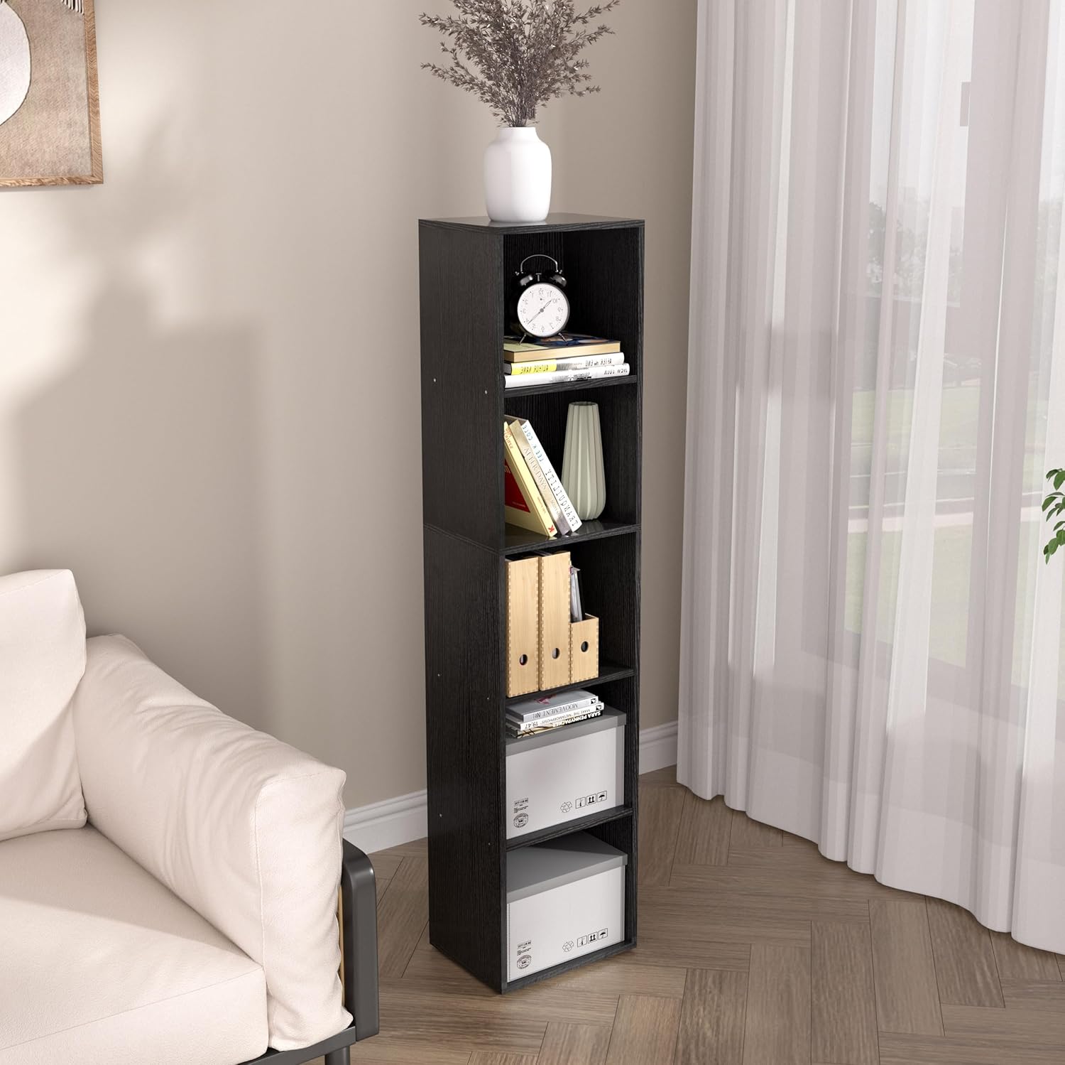 5-Tier Wooden Cube Storage Organizer, 52 Inch Tall Bookcase & Display Shelf with 5 Open Cubes, Freestanding DIY Closet Shelving Unit for Living Room Bedroom Office (Black, 5 Cube-W(11.8inch)